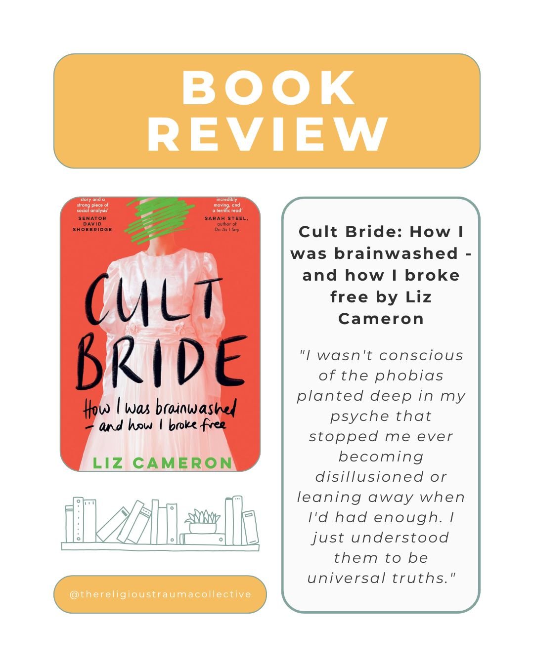 Cult Bride: How I was brainwashed - and how I broke free by Liz Cameron

🌟🌟🌟🌟🌟

Cult Bride by Liz Cameron is a compelling memoir that not only recounts her harrowing experience within the South Korean cult Providence from right here in Australia