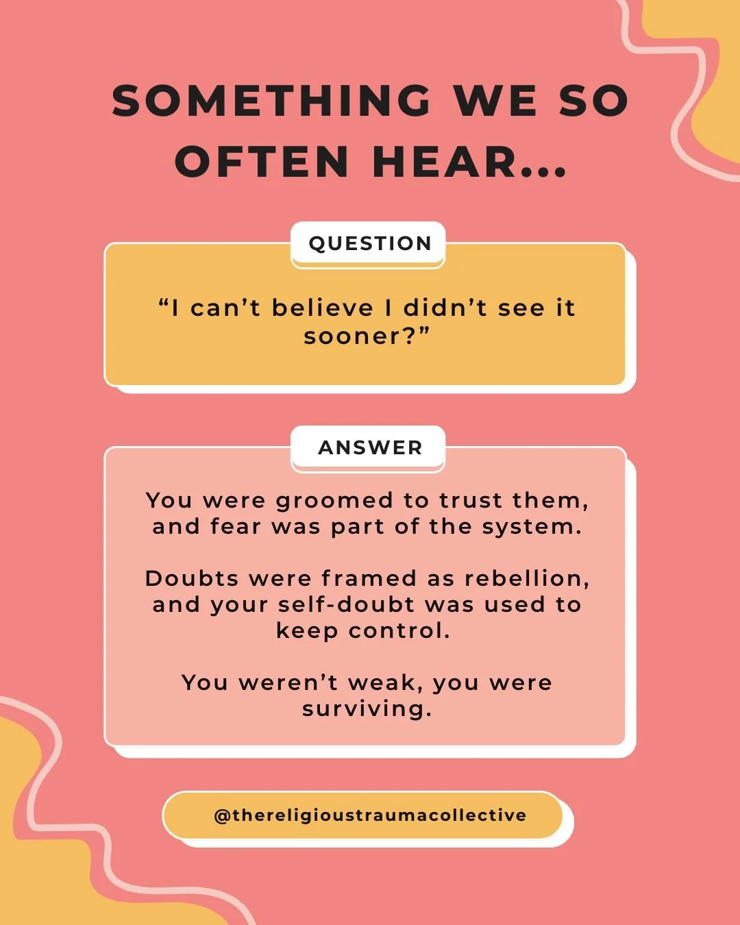 For many clients in cult recovery, shame and guilt become states of being. 

These emotions are often deeply ingrained, especially in systems where consequences for missteps or even wrong thoughts or beliefs, were framed as eternal or existential.

W