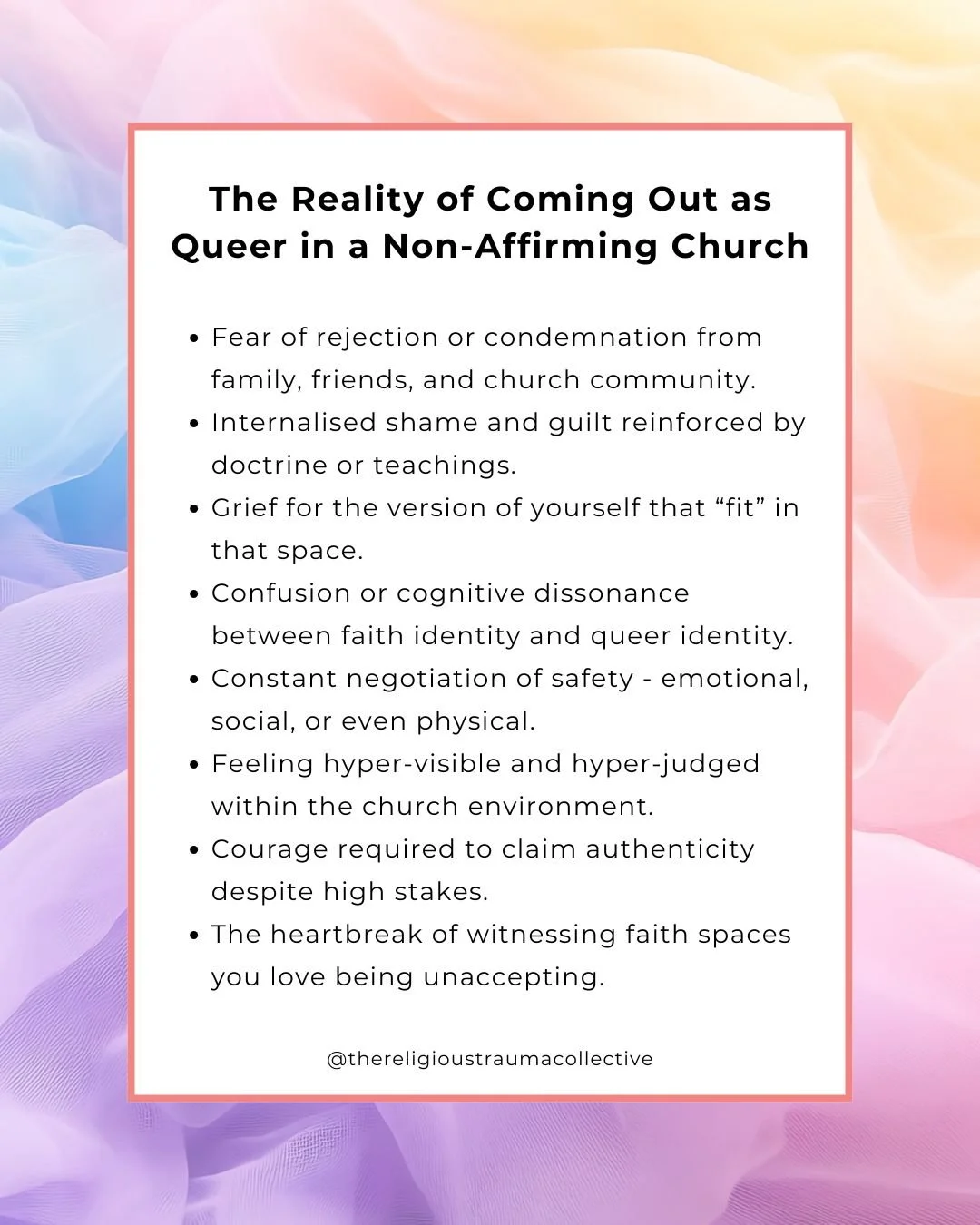 Coming out as queer is never just a single moment and in a non-affirming church, it&rsquo;s never simple. 

It&rsquo;s layered with fear, grief, and doubt. You may mourn the people who can&rsquo;t accept you, the rituals and spaces that shaped your l