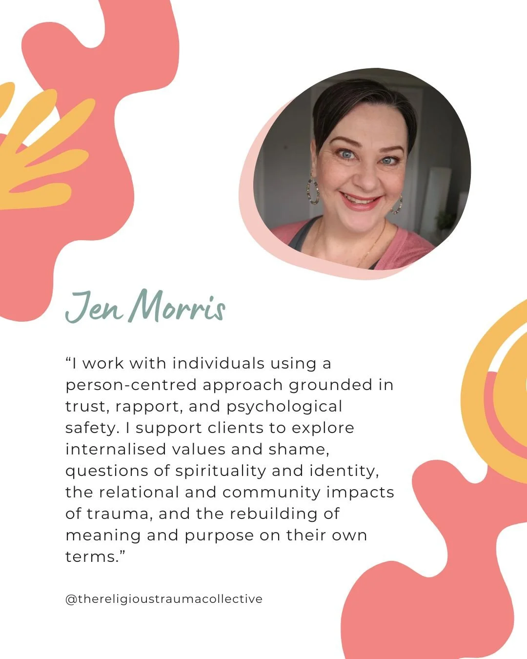 The Religious Trauma Collective - NZ Registered Practitioner..

🌿 Meet Jen Morris, Counsellor 🌿

Jen brings lived experience and a deeply relational, person-centred approach to her work with adults navigating religious trauma, identity shifts, and 