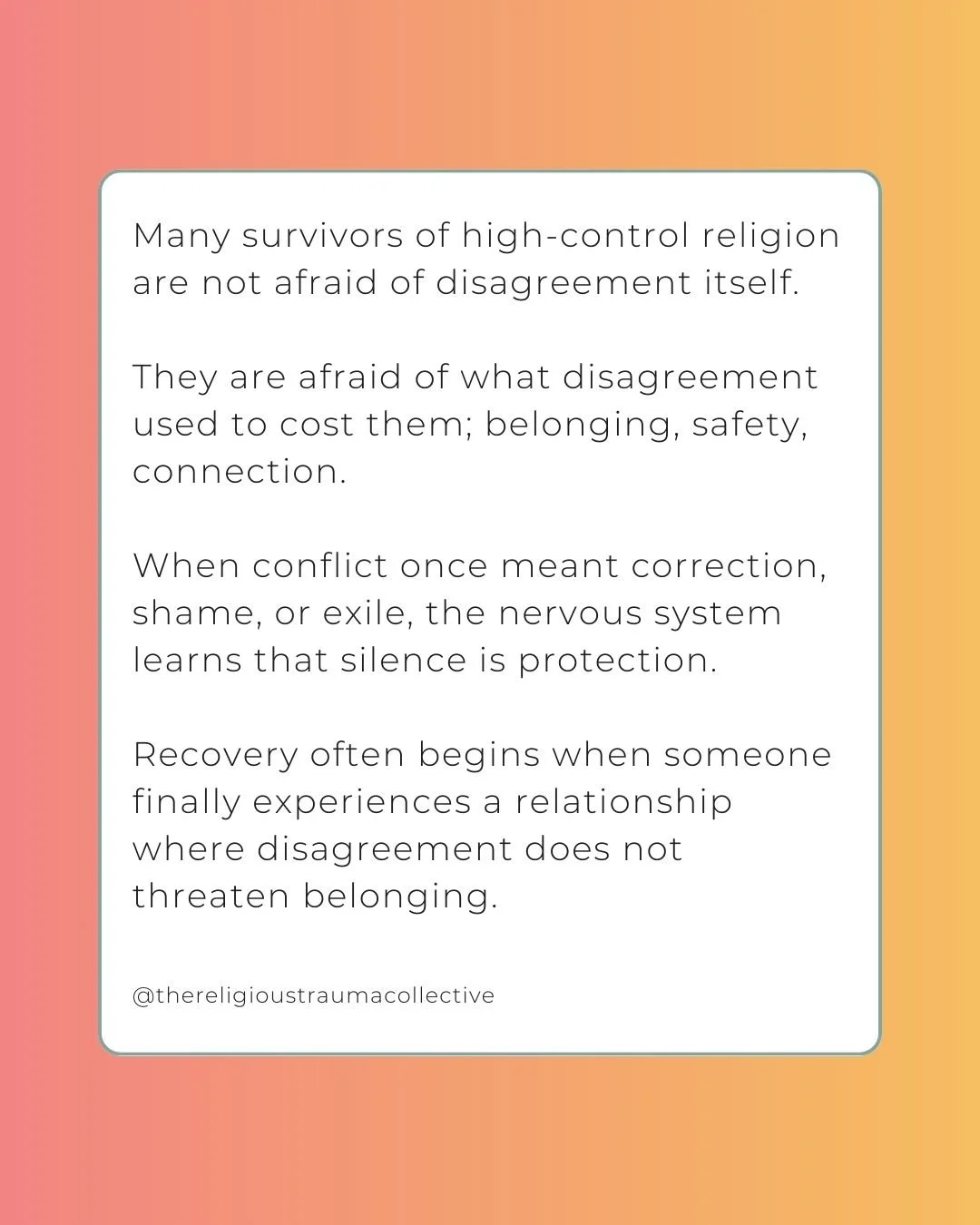 For many survivors of high-control religious environments disagreement does not feel like a normal part of relationships, it feels dangerous.

In healthy relationships disagreement can lead to understanding, repair, or growth. But in high-control sys