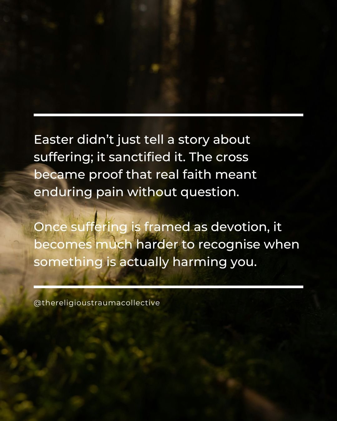 Easter often frames suffering as sacred. ❤️&zwj;🩹

The story of the cross can make endurance feel like the ultimate proof of faith,  if Jesus suffered, then staying, tolerating, and sacrificing must be the &ldquo;right&rdquo; way to live.

When pain