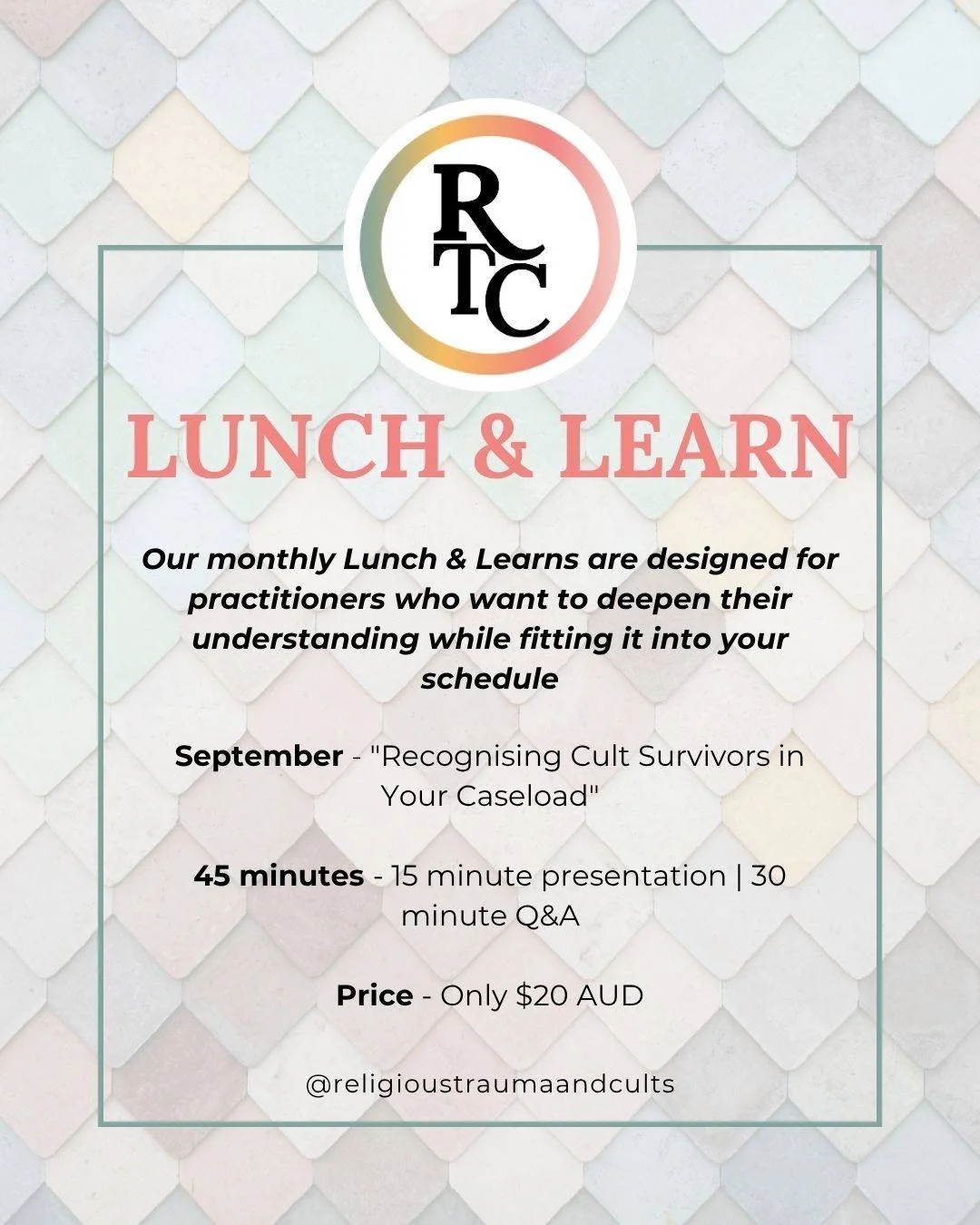 Religious Trauma and Cult recovery isn't peripheral to your practice anymore. It's essential.

Our monthly Lunch &amp; Learns are designed for practitioners who want to deepen their understanding while fitting it into your schedule. 

45 minutes. Bro