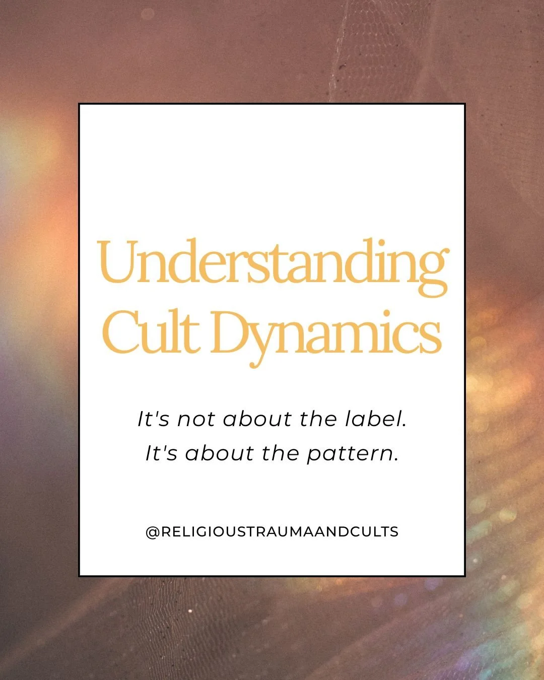 The word "cult" is polarising and that polarisation gets in the way of something more important: recognising harm.

When we talk about cult dynamics at RTC, we're not working from a checklist or pointing fingers at specific organisations. W