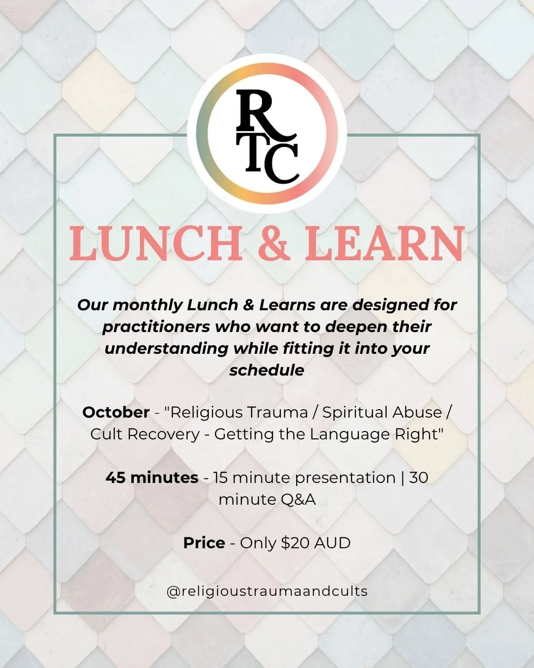 Religious Trauma and Cult recovery isn't peripheral to your practice anymore. It's essential.

Our monthly Lunch &amp; Learns are designed for practitioners who want to deepen their understanding while fitting it into your schedule. 

45 minutes. Bro