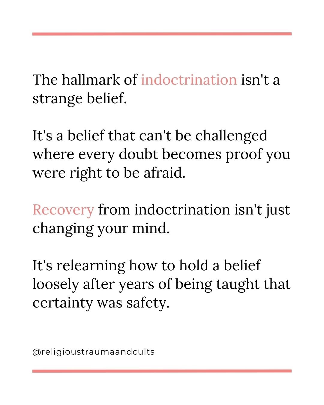 Indoctrination is not about making people believe things that are wrong. It's about making beliefs unchallengeable, even in the face of evidence. 🧠

In high-control environments, whether religious, therapeutic, political, wellness-focused, or otherw