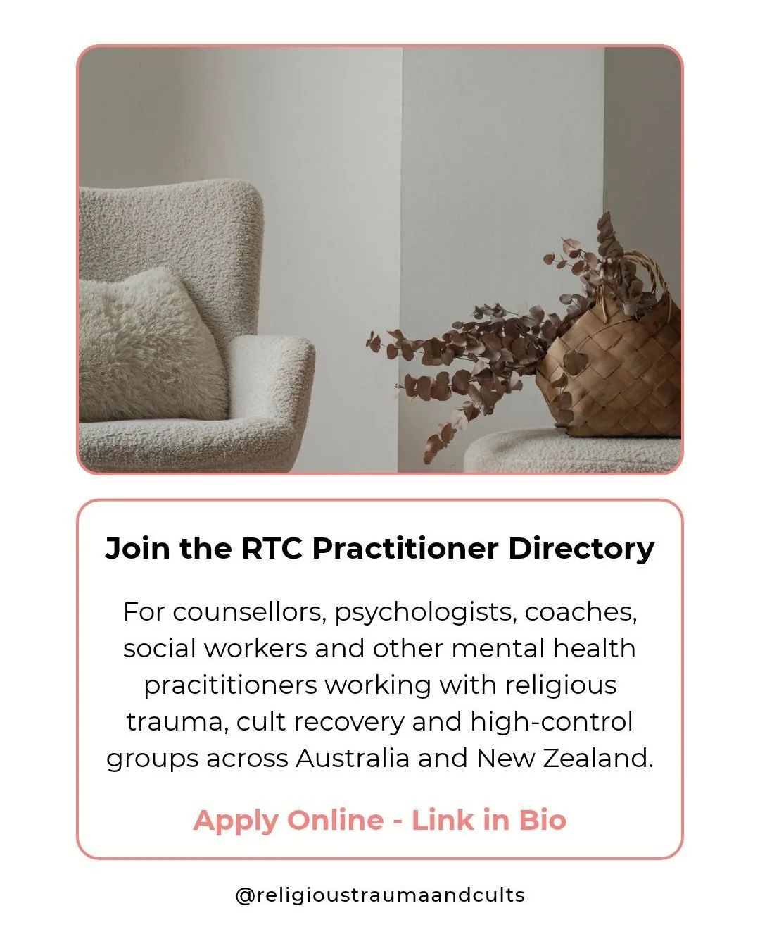 The RTC Practitioner Directory is open for applications.

It's a searchable listing of therapists, counsellors, psychologists, coaches and social workers who work with survivors of religious trauma, spiritual abuse, cults and high-control environment