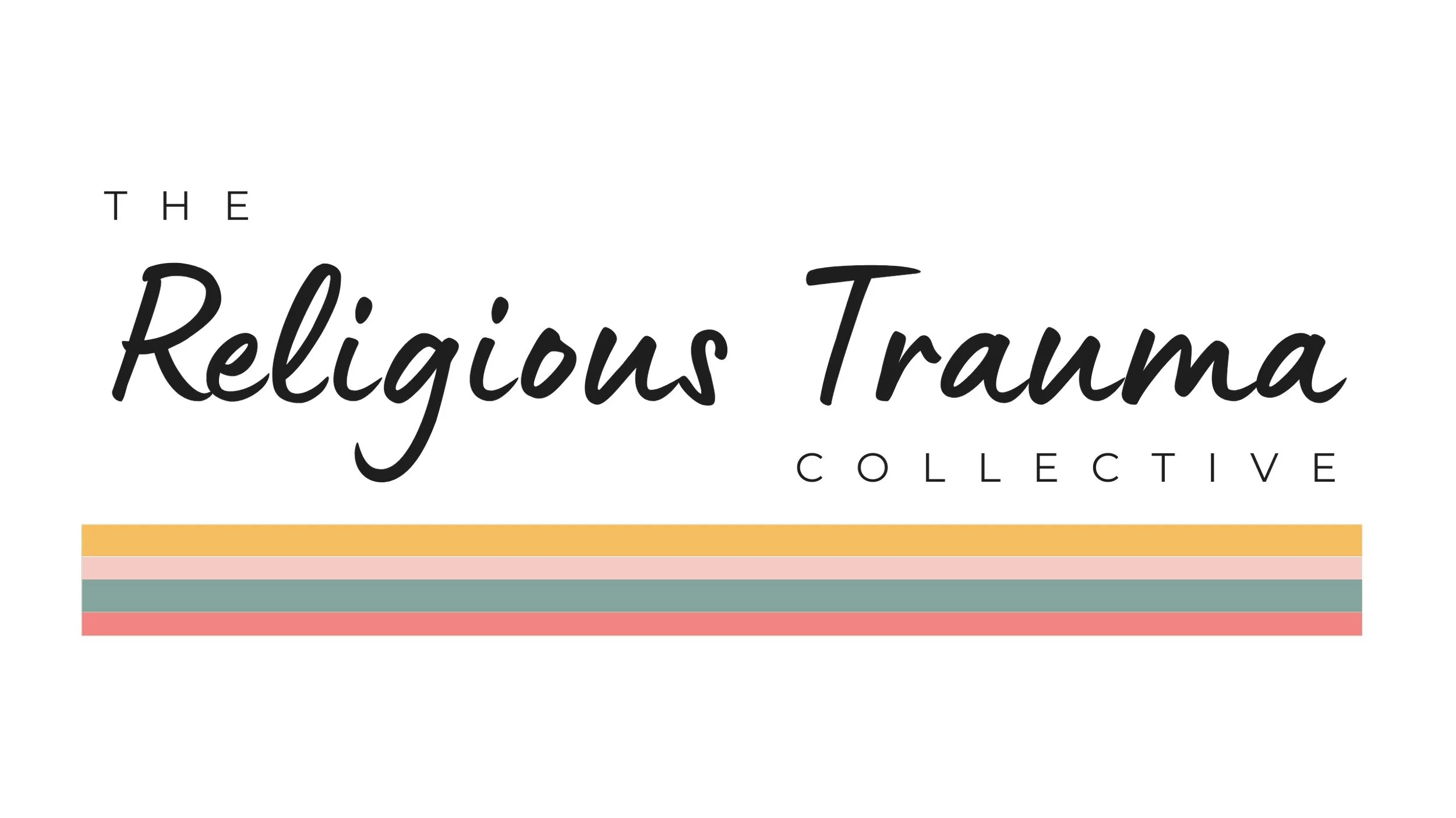 Logo for The Religious Trauma Collective with colorful horizontal stripes underneath.