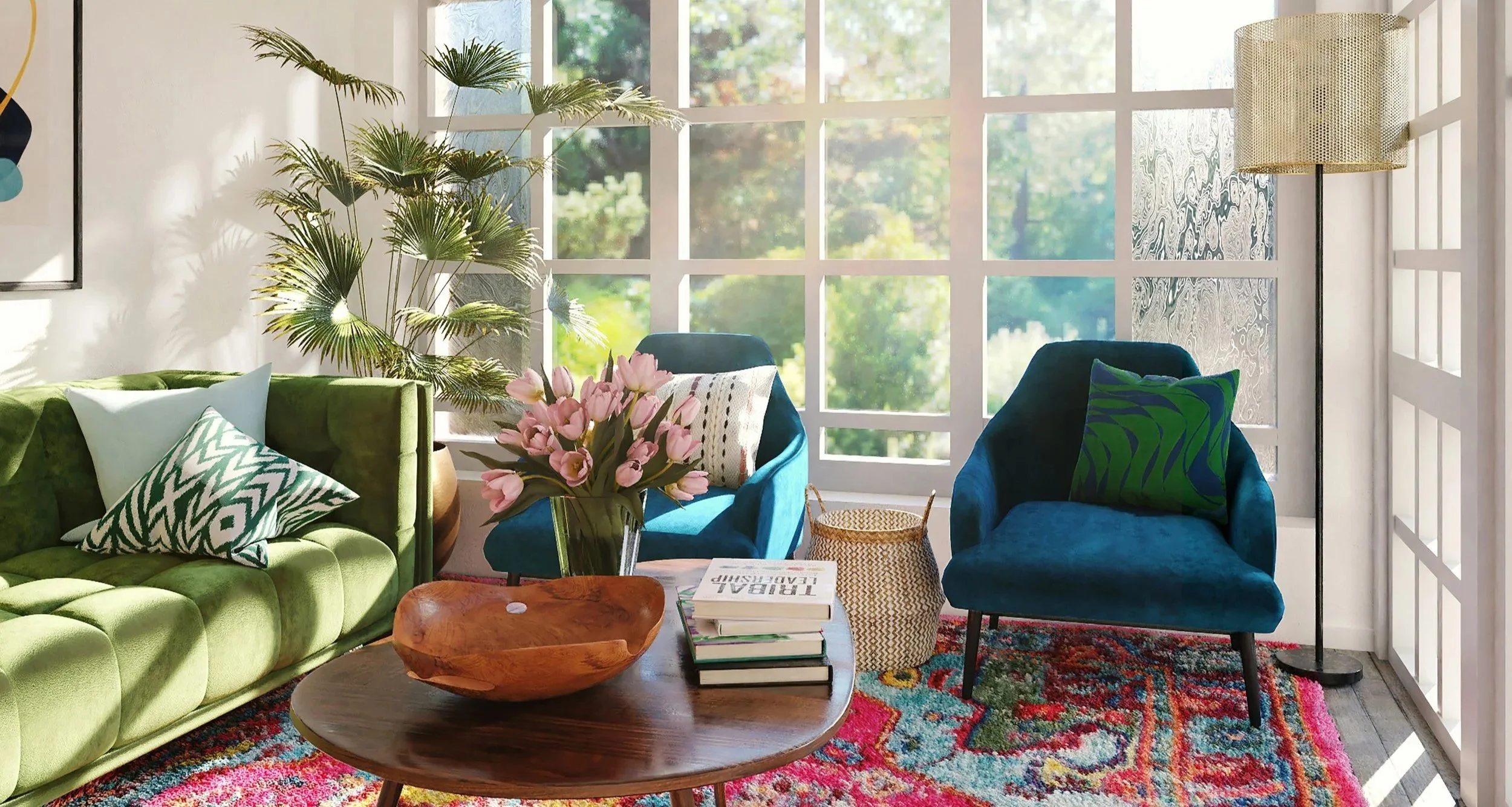 A cozy living room with large windows letting in natural light, featuring a green velvet sofa with patterned pillows, a blue armchair with a green cushion, a wooden coffee table with a bowl and books, a tall floor lamp with a textured shade, and a bouquet of pink tulips on the table, surrounded by houseplants and colorful decor.