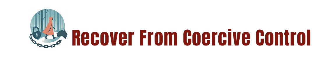 Graphic with an illustration of a person chained to a lock, with trees in the background, and the text 'Recover From Coercive Control' in bold red letters.