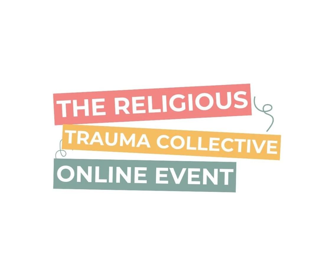 Colorful text graphic promoting The Religious Trauma Collective online event
