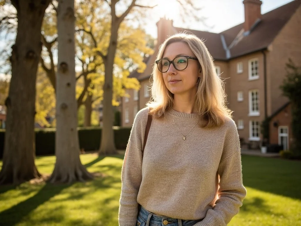 A woman with blonde hair, glasses, and a beige sweater walking outdoors during autumn, with trees and a brick building in the background.