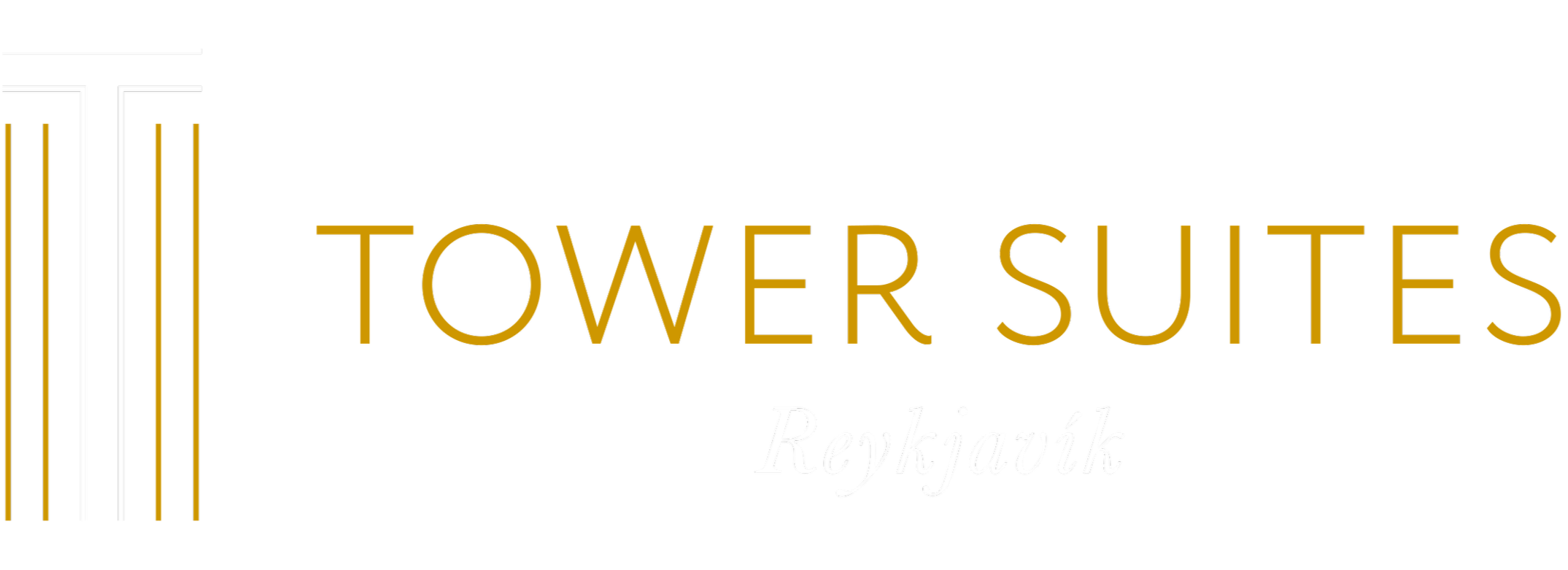 Logo for Tower Suites, Reykjavík, featuring gold and white vertical lines on black background with text.