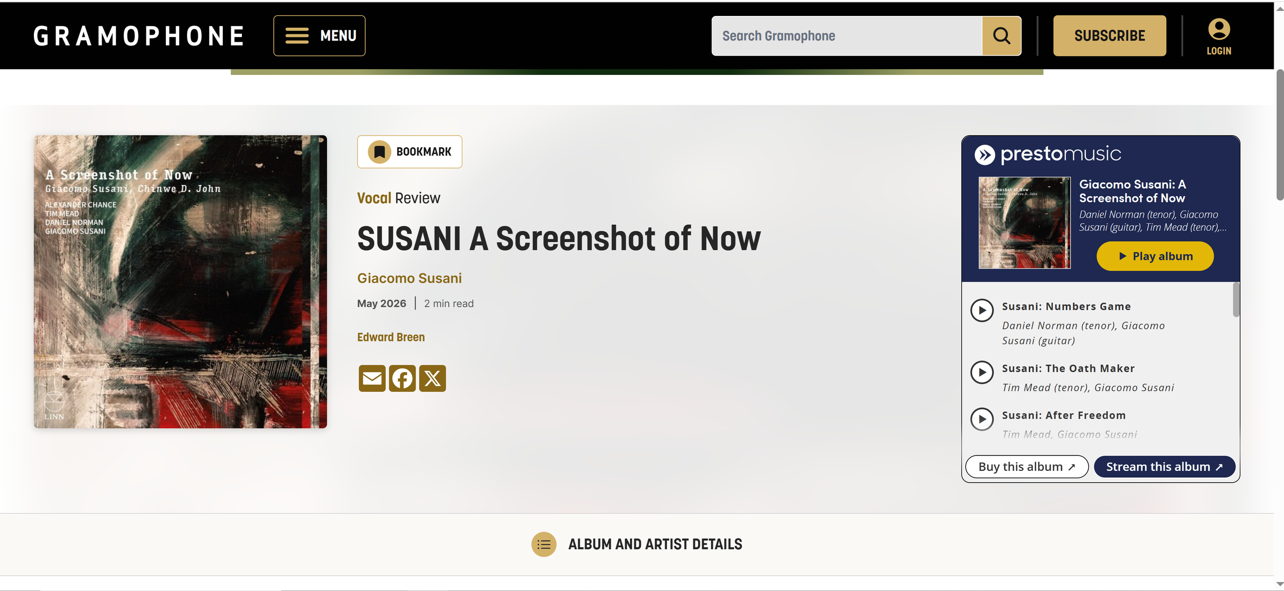 Gramophone Magazine’s great review of album A Screenshot of Now!