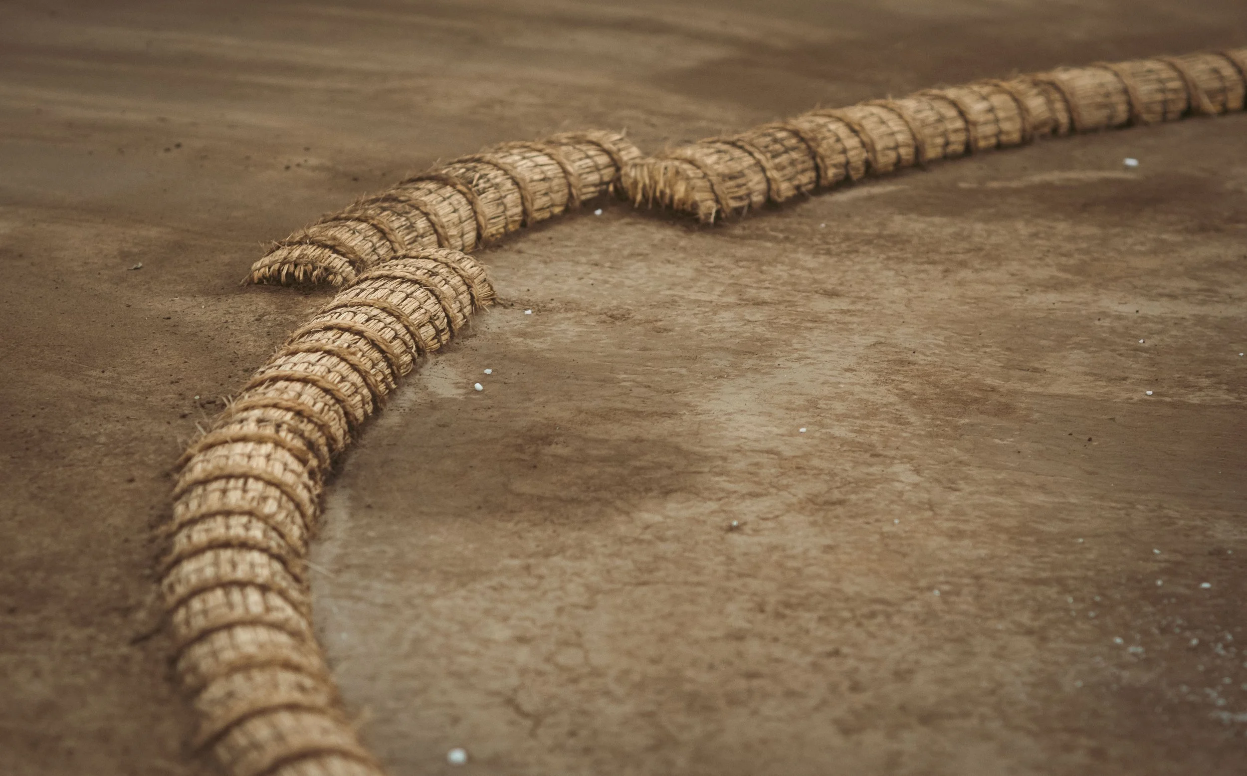 Close-up of a coiled rope on a dirt floor.