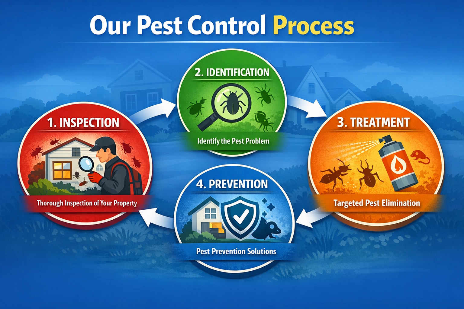 SWAT Pest Control process infographic showing inspection, pest identification, treatment, and prevention steps for pest control in Chalfont PA