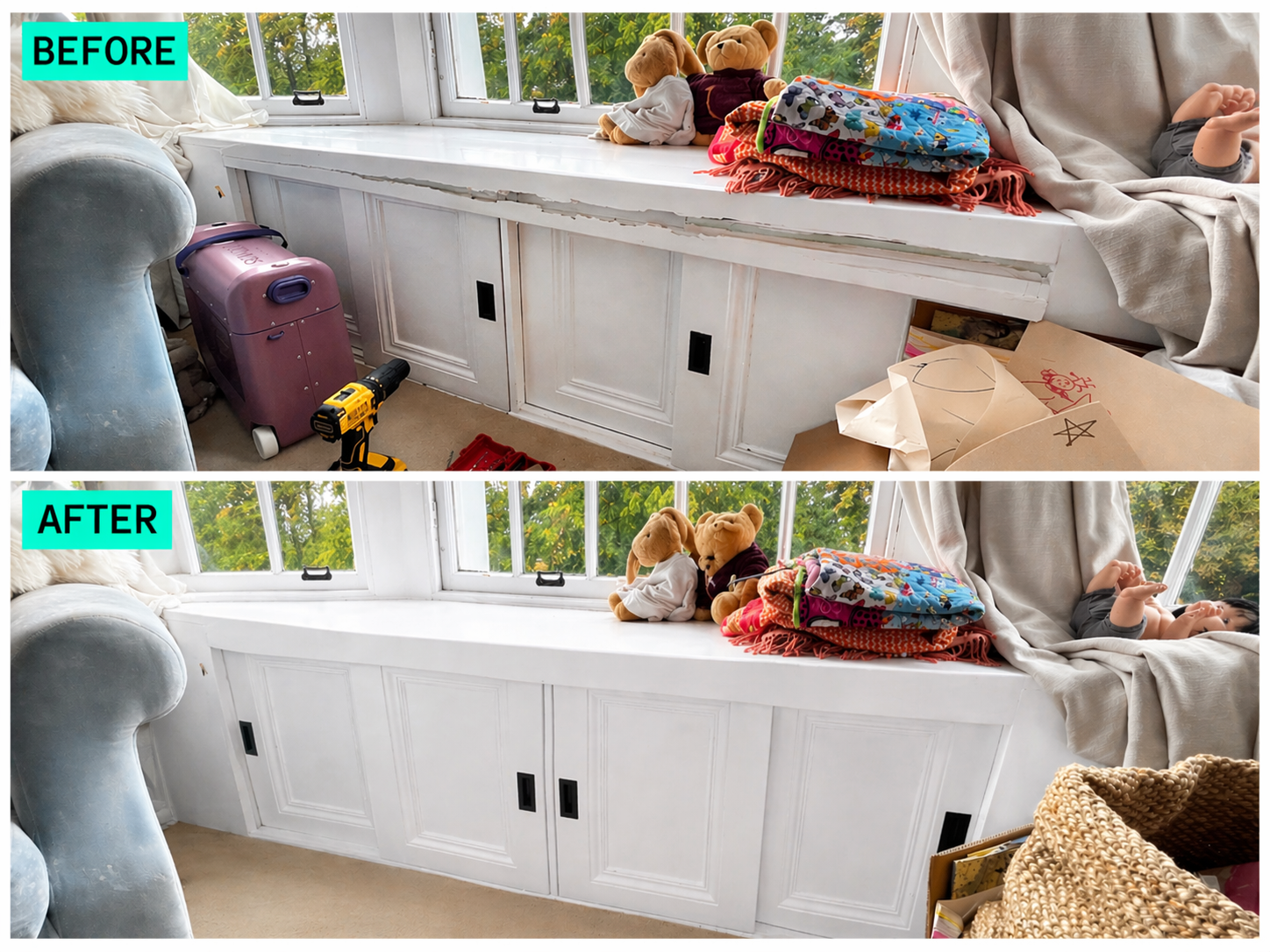 Repair of window bench before and after photo