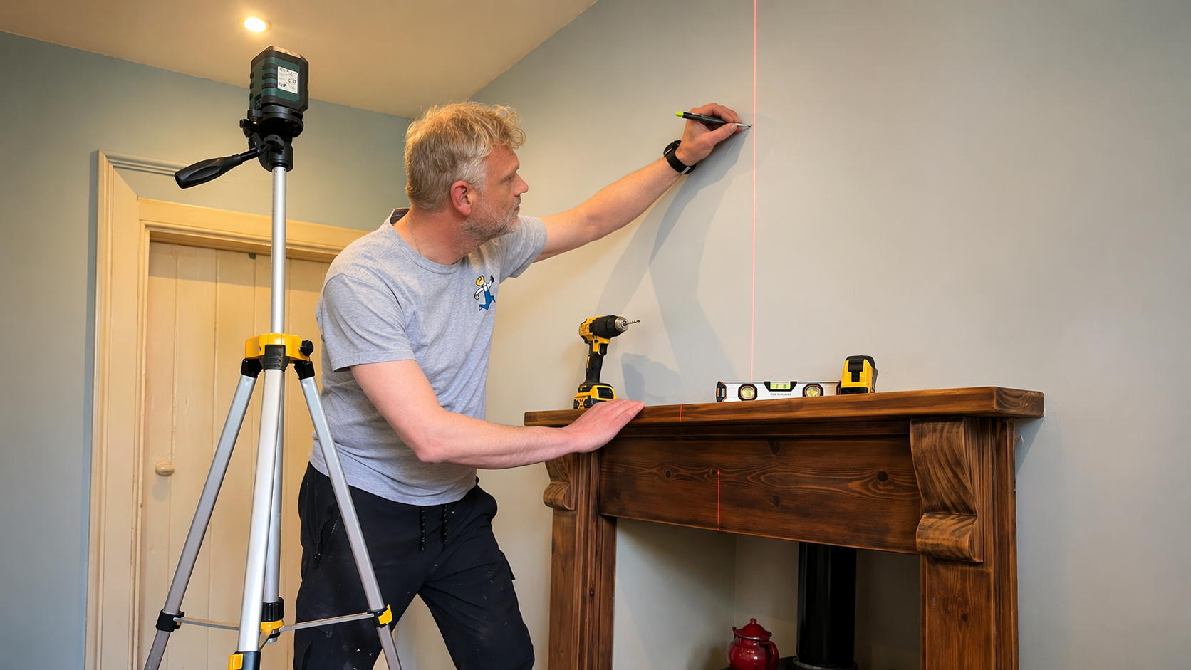 Frank the reliable local handyman hanging a picture above the mantle piece for a client in Edinburgh