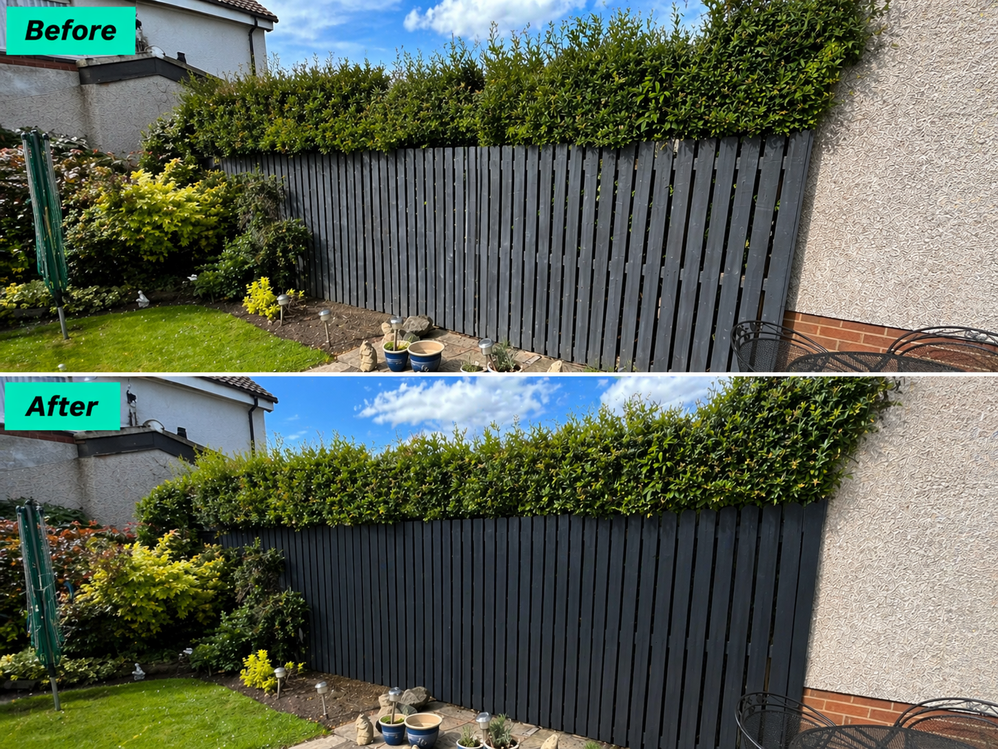 Garden fence repaint before and after photo