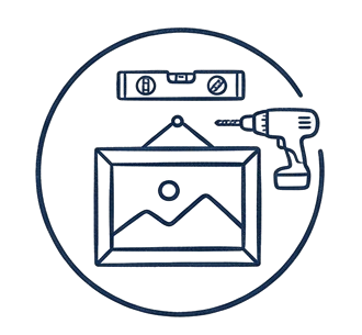 Picture Hanging & Wall Mounting: A framed picture hanging perfectly straight, with a level resting on top and a drill.