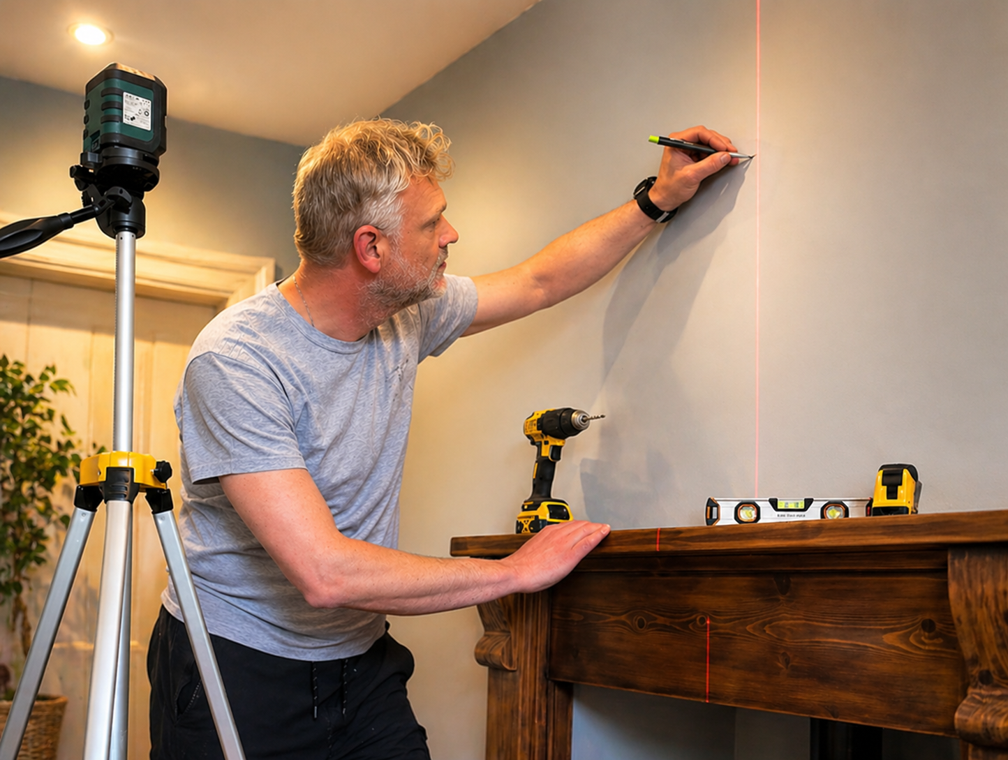 Frank using a professional laser level to mark a wall for precise picture hanging above a fireplace in an Edinburgh home.