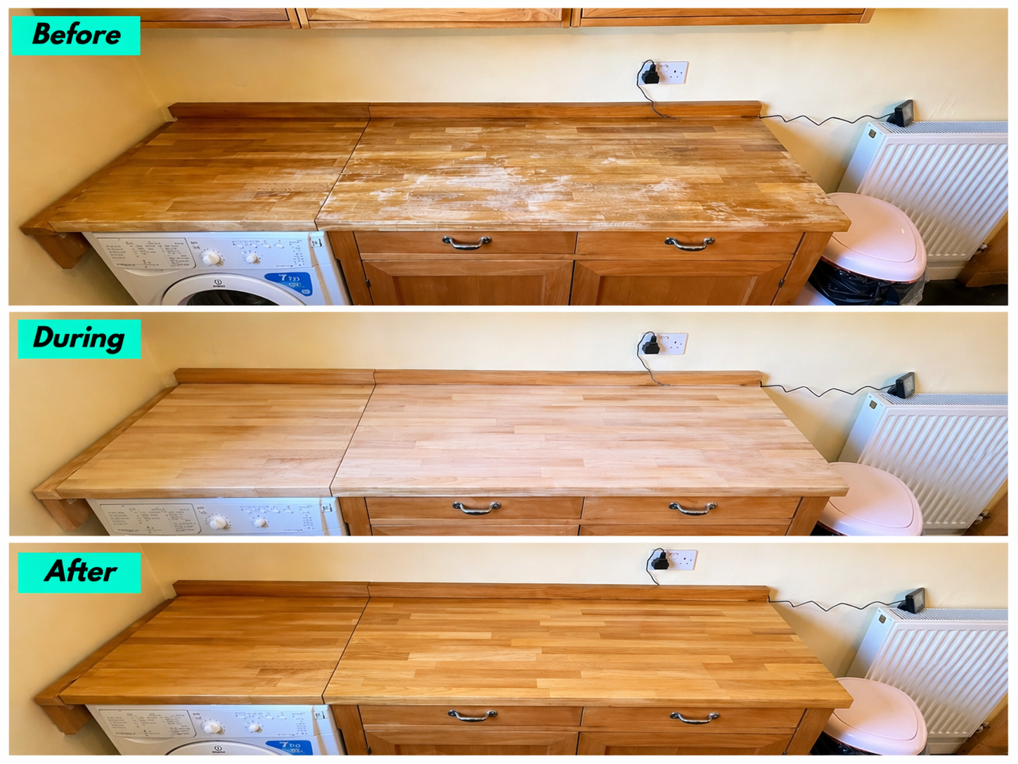 Kitchen worktop sanded and varnished to restore the finished look