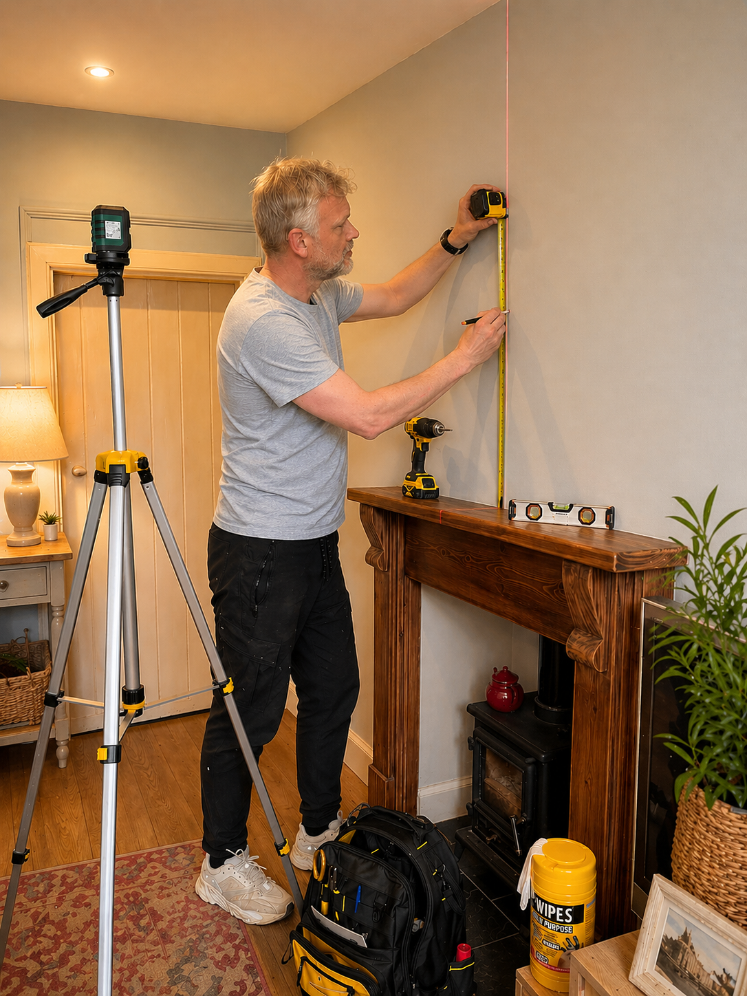 Handyman in Edinburgh carefully measuring and marking a wall above a fireplace in a client’s home