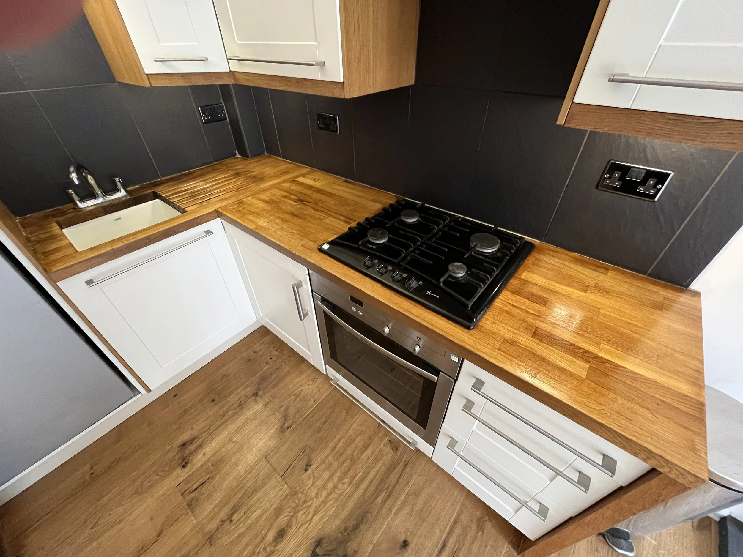 Restored kitchen worktop with fresh new coat of varnish