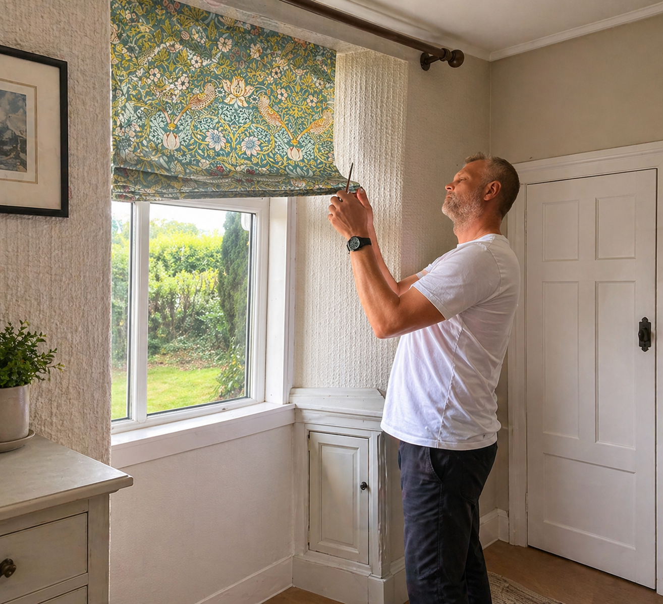 Handyman in Edinburgh adjusting and fitting a window blind inside a client’s home