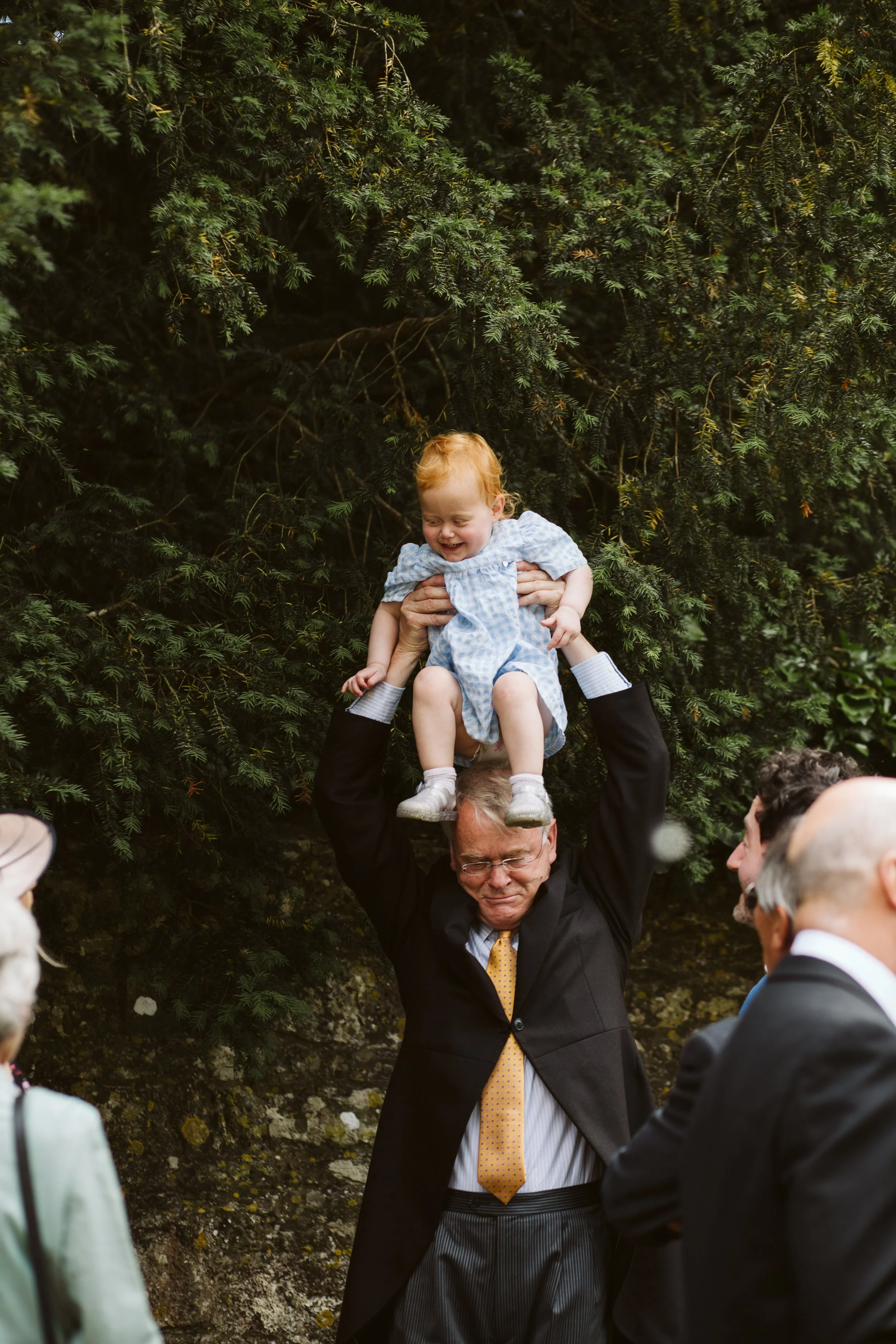 A man in a suit lifting a young girl in a blue dress above his head during an outdoor gathering. Several other people are watching.