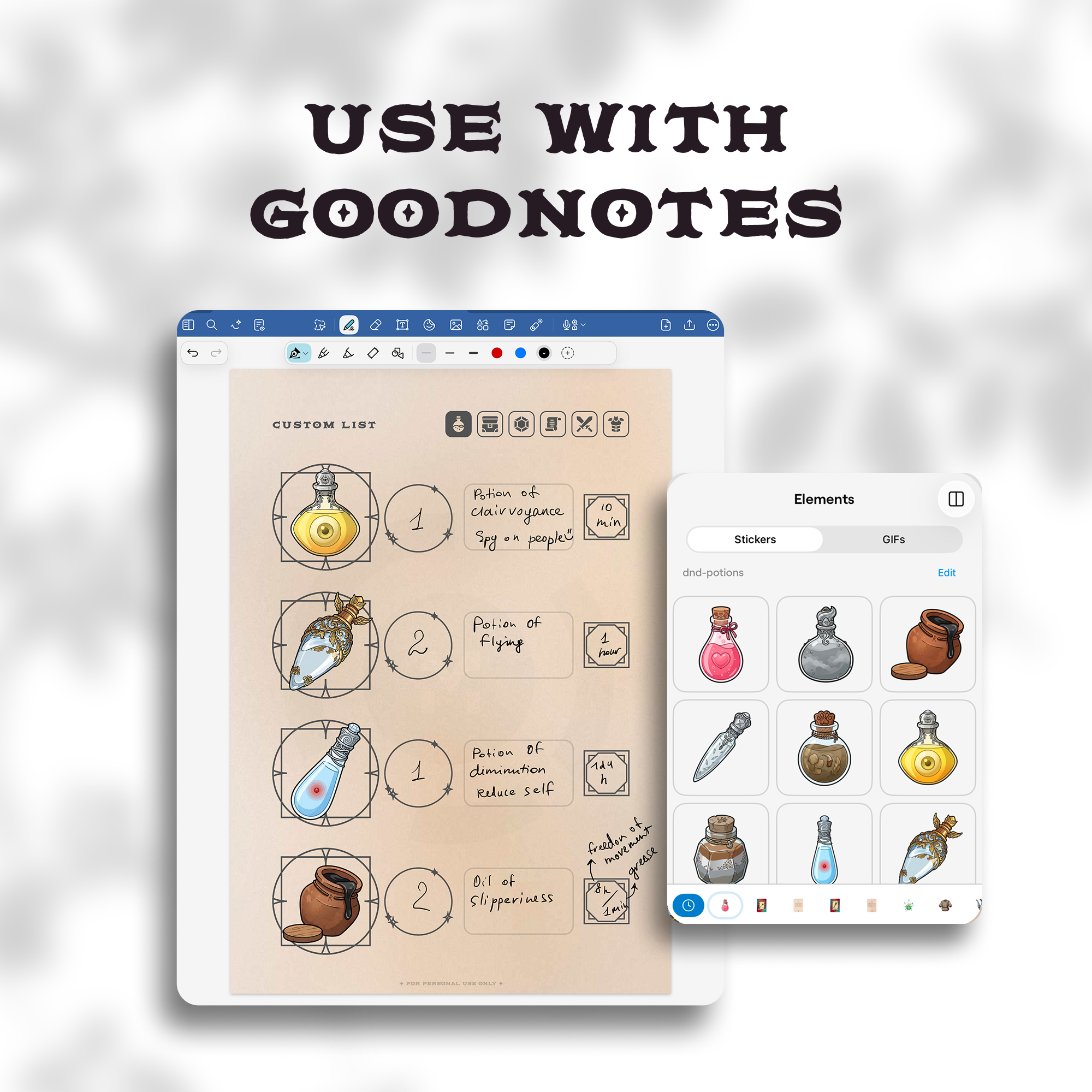 Tablet screen showing DnD potion stickers added as a GoodNotes sticker collection for digital journaling