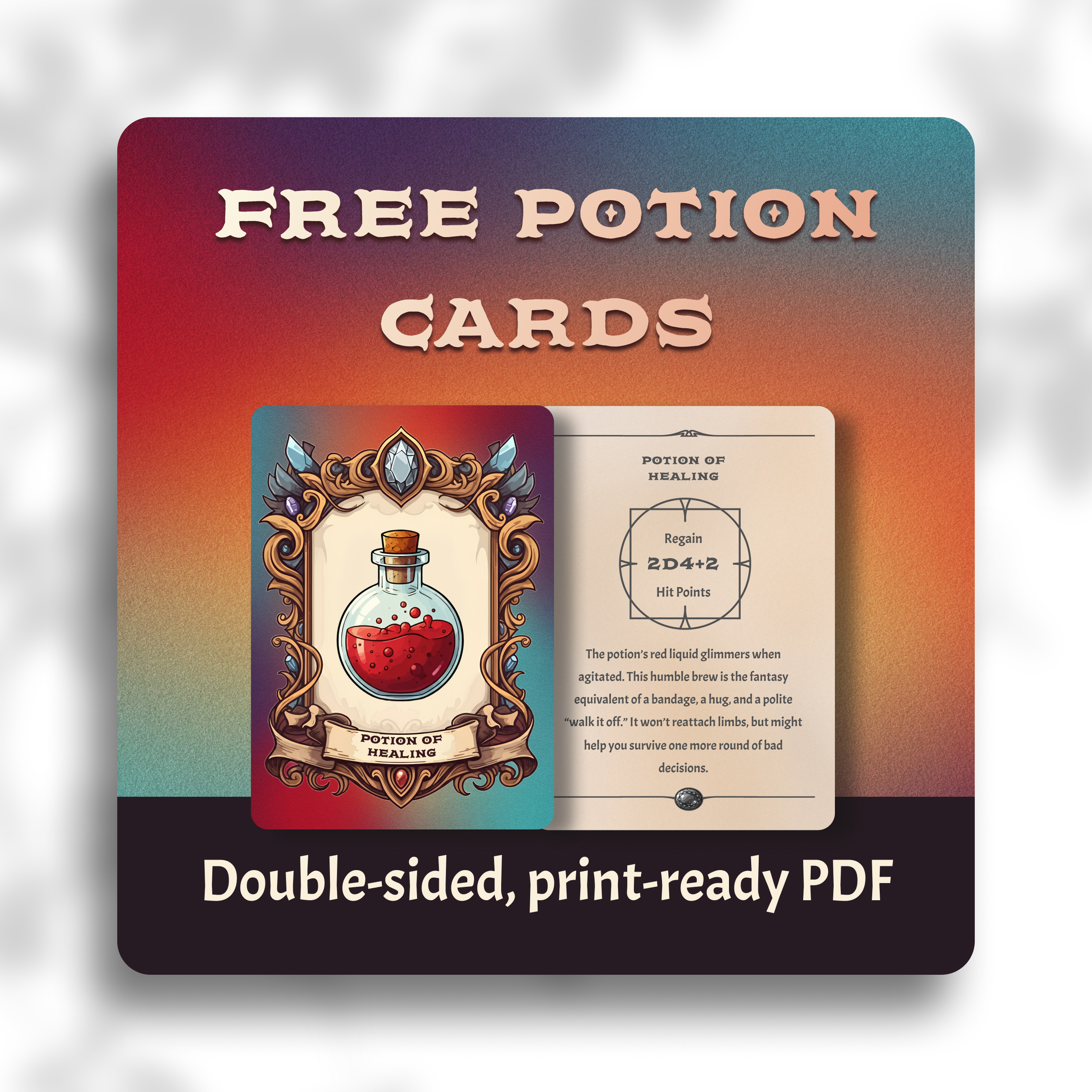 A promotional image advertising free potion cards, featuring a colorful potion card titled 'Potion of Healing' with a decorative border and a description, and text indicating the cards are double-sided and print-ready PDF.
