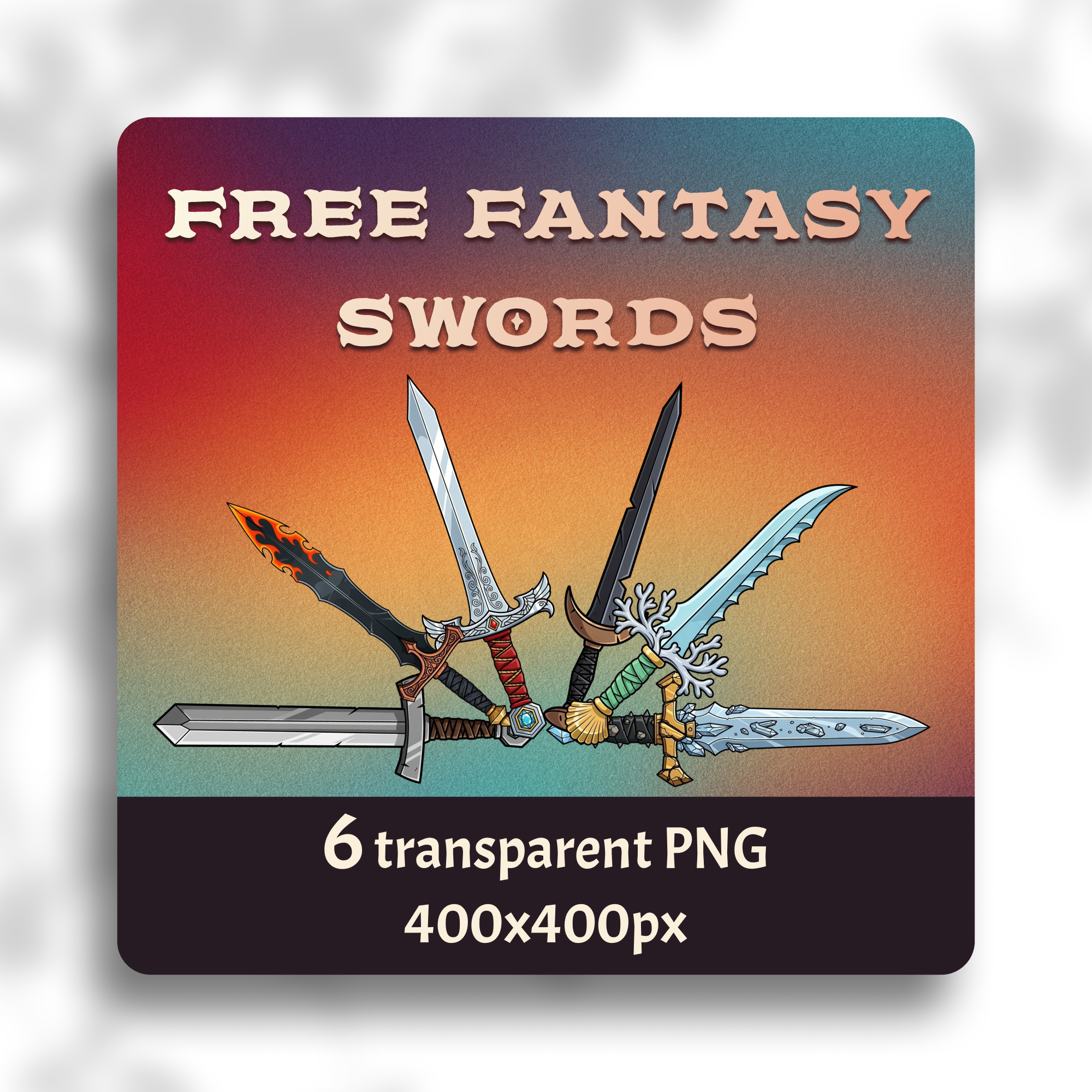 Promotional image for “Free Fantasy Swords” featuring six illustrated fantasy swords in different designs, including fiery, icy, ornate, and gem-studded blades.