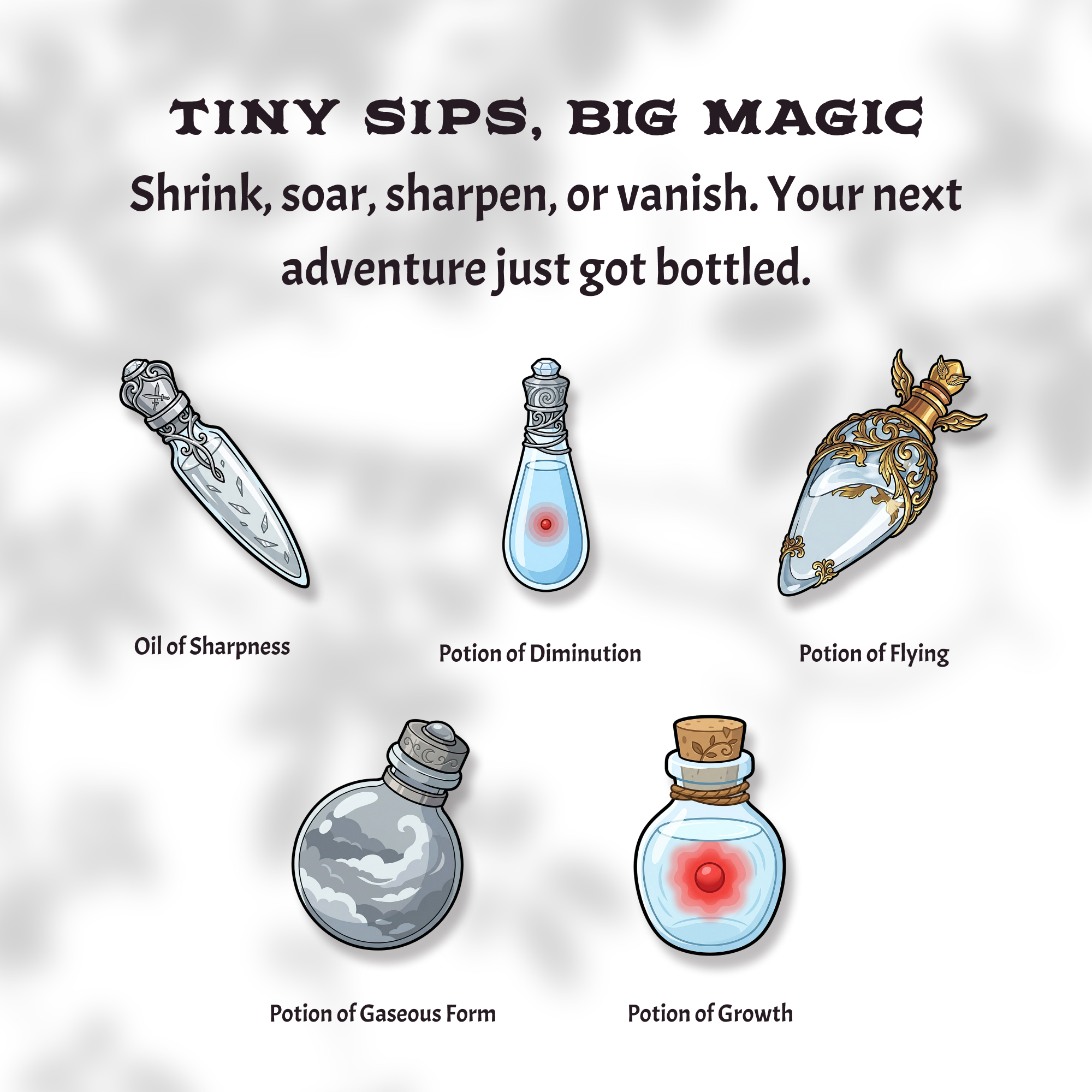 Five DnD potion stickers: Oil of Sharpness, Potion of Diminution, Potion of Flying, Potion of Gaseous Form, Potion of Growth