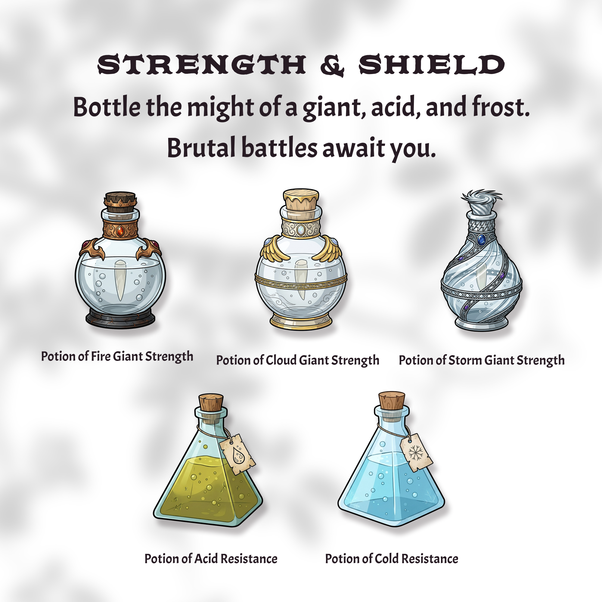 Five DnD potion stickers: Fire Giant Strength, Cloud Giant Strength, Storm Giant Strength, Acid Resistance, Cold Resistance