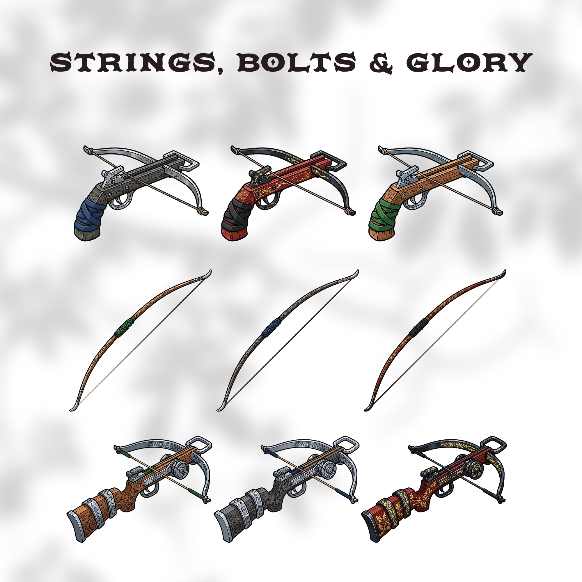 Set of fantasy bows and crossbows clipart.