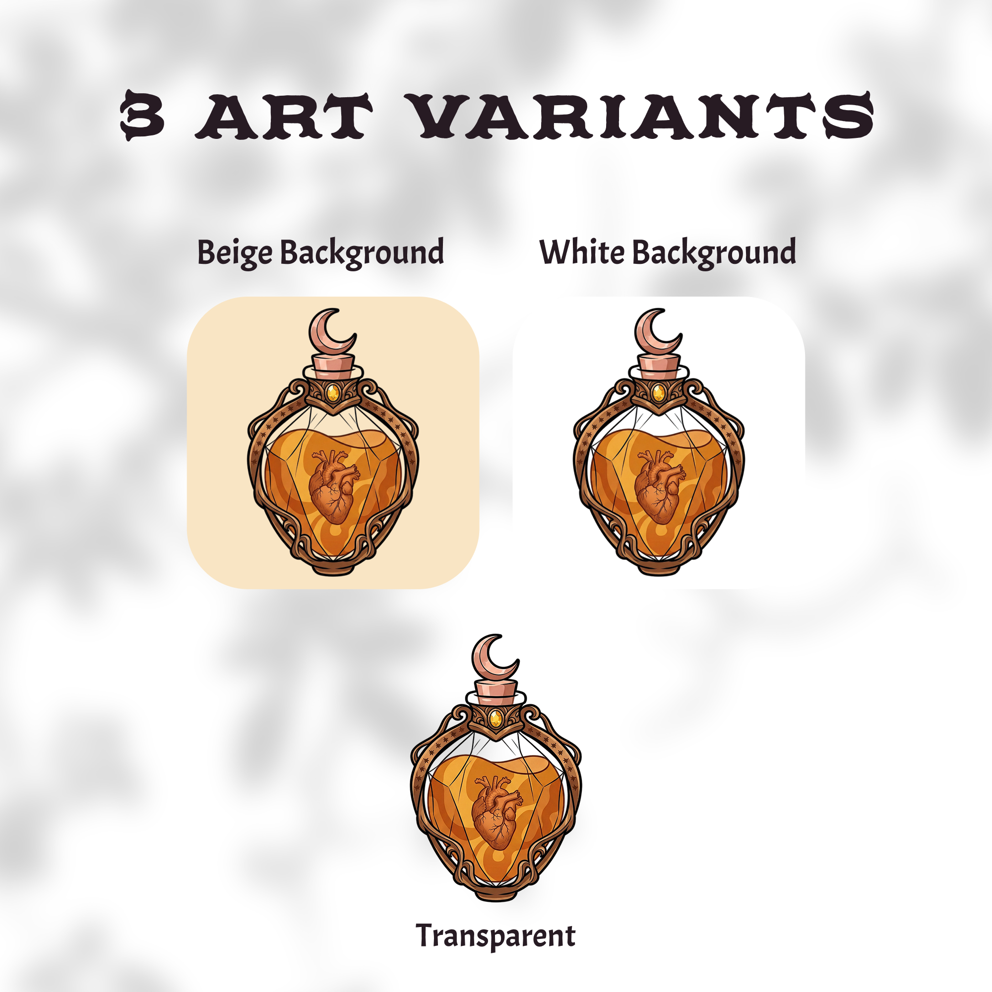 Same potion bottle sticker shown in three art variants: beige background, white background, and transparent