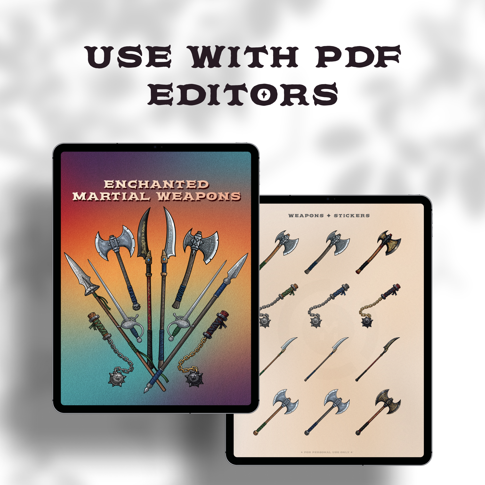 Weapon clipart sticker sheet opened in a PDF editor on a tablet.