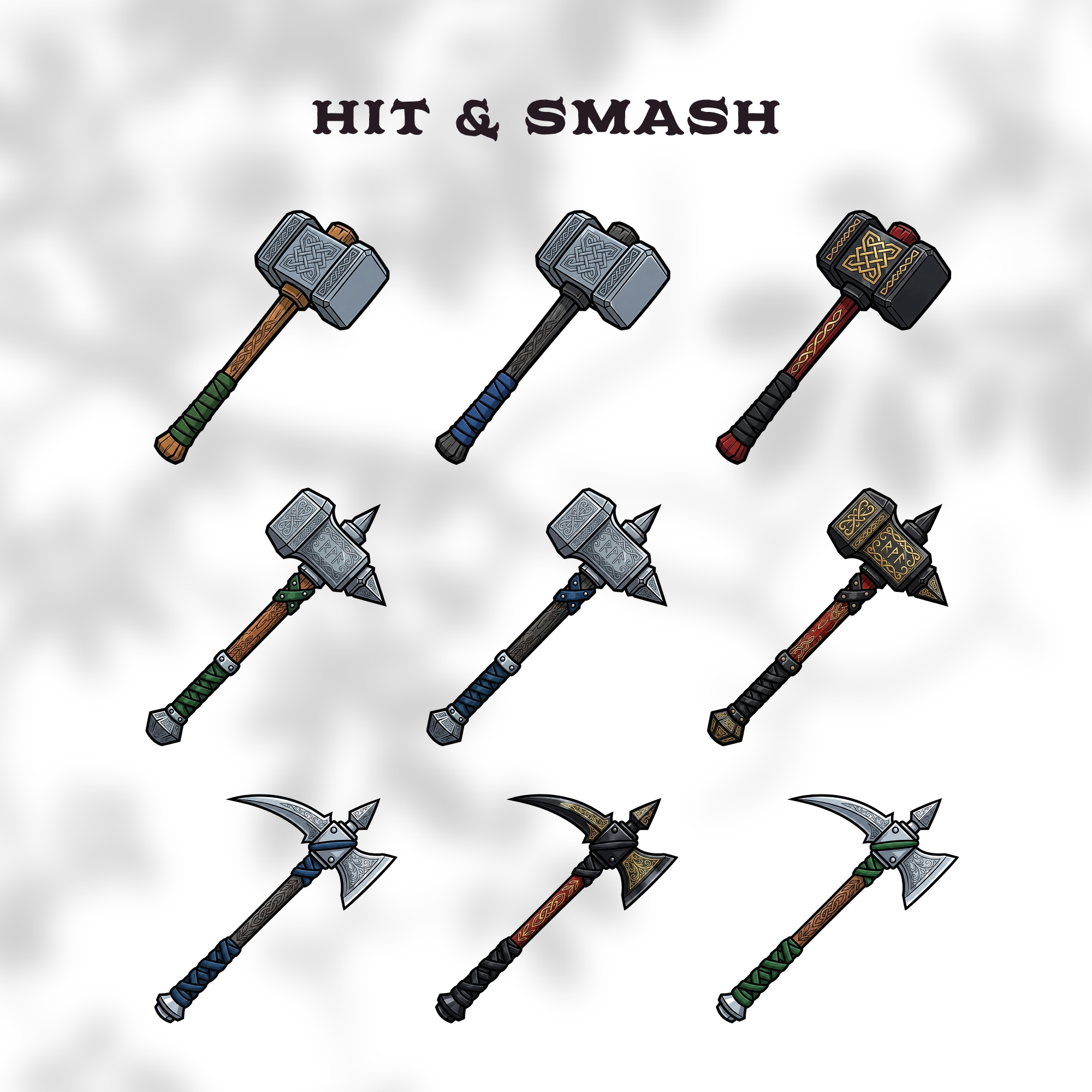 Set of fantasy warhammer, maul and pick clipart.