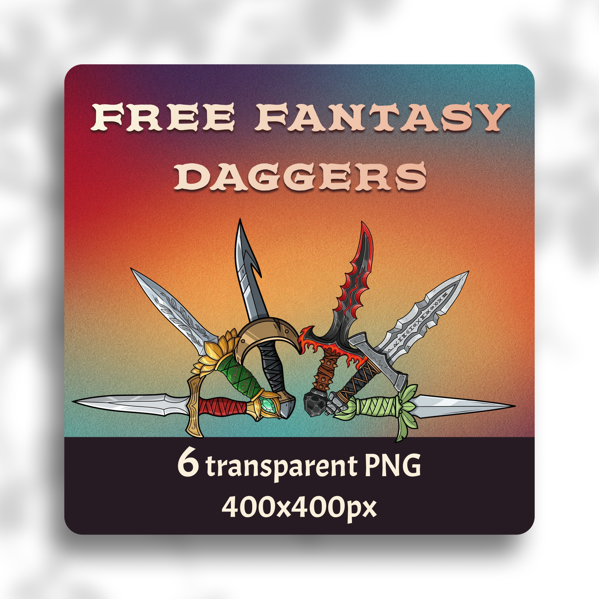 Promotional image for “Free Fantasy Daggers” showing six illustrated daggers in varied designs, including ornate gold, curved moon-blade, jagged red, and engraved silver styles.