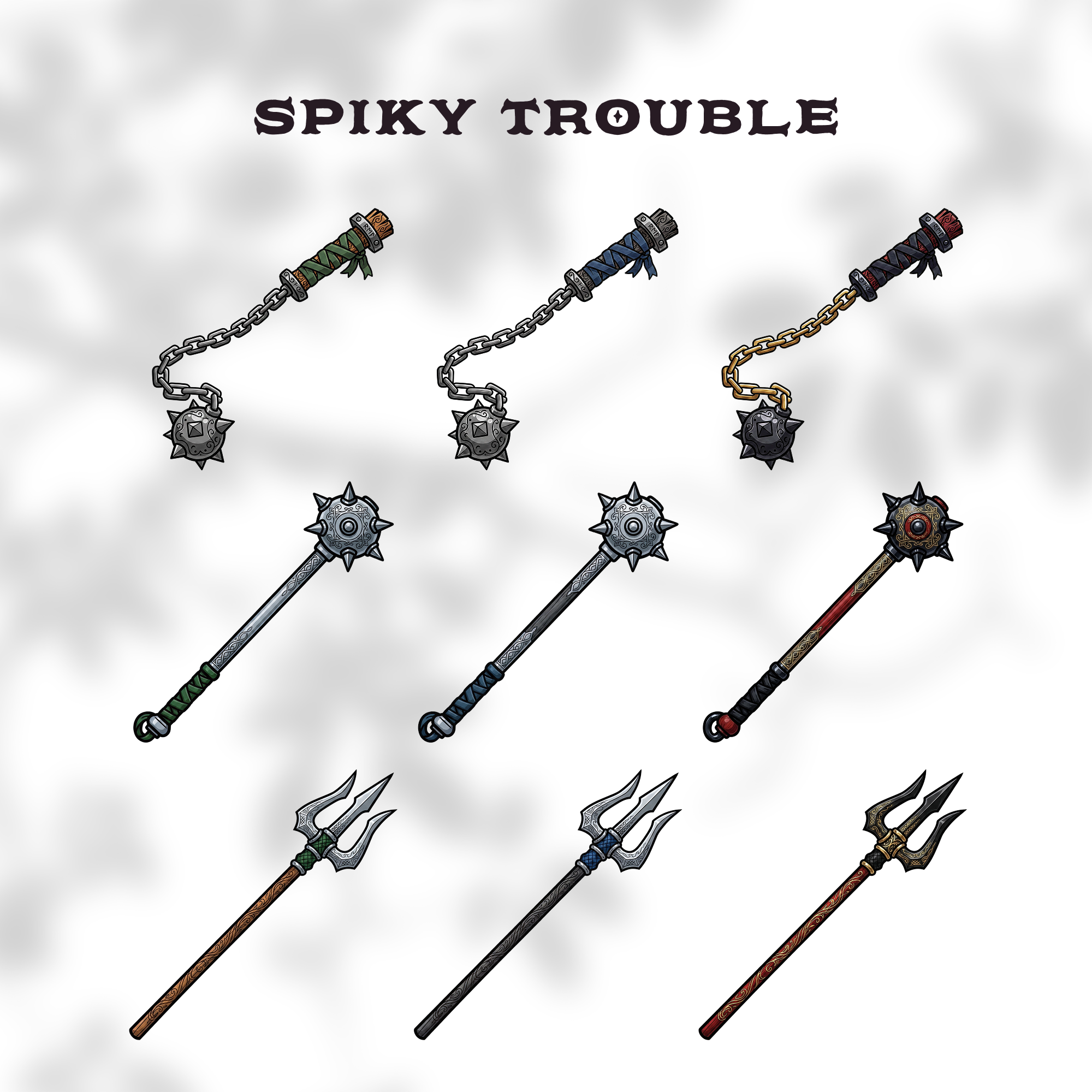 Set of spiked fantasy weapons clipart including flails, morning stars and tridents.