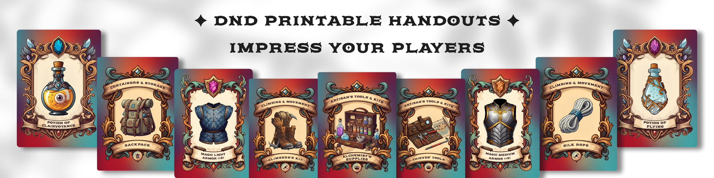 Set of printed D&D handouts with fantasy-themed artwork, titles, and icons for spells, armor, and tools.