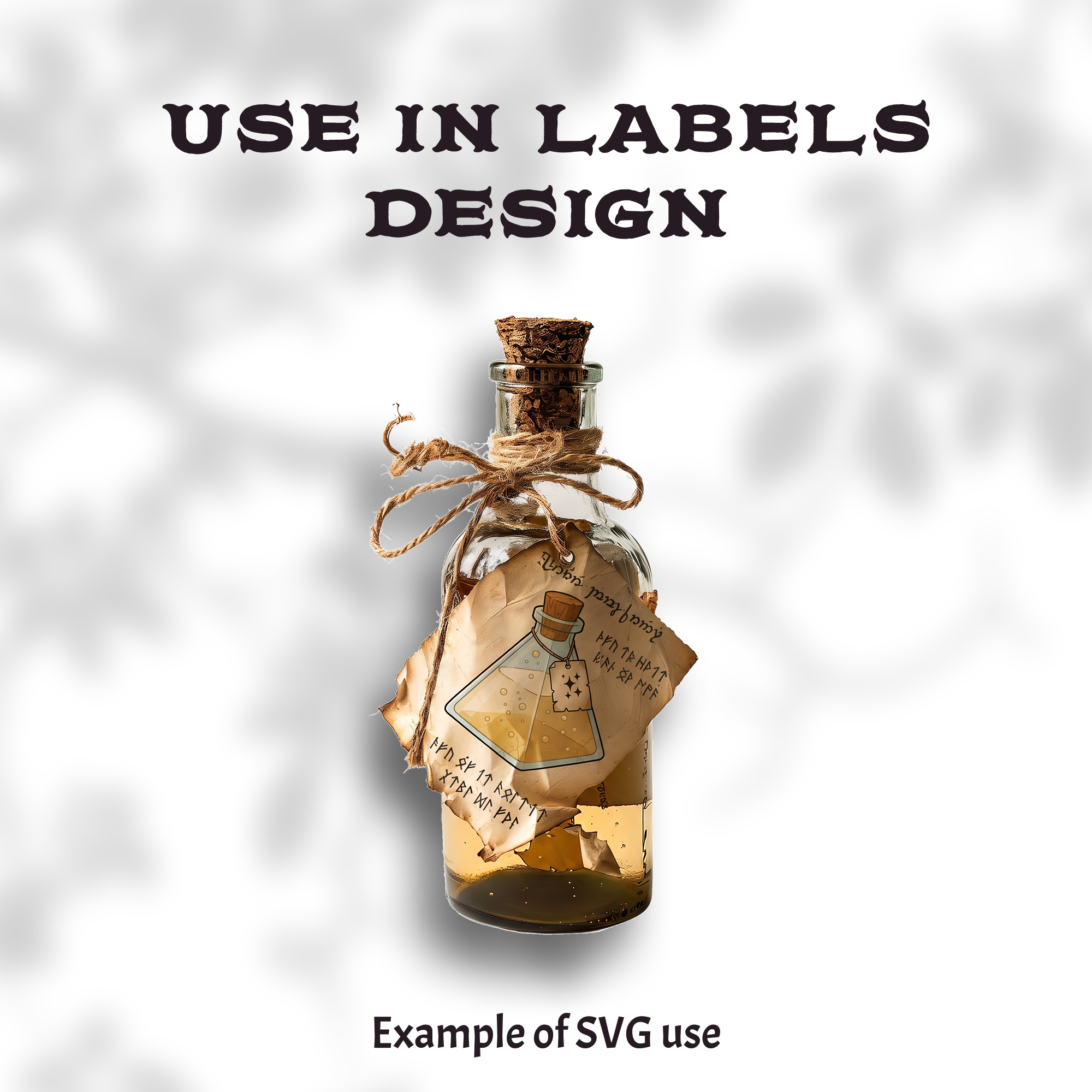 Glass potion bottle with a tied label, showing the SVG art style used for label and packaging design