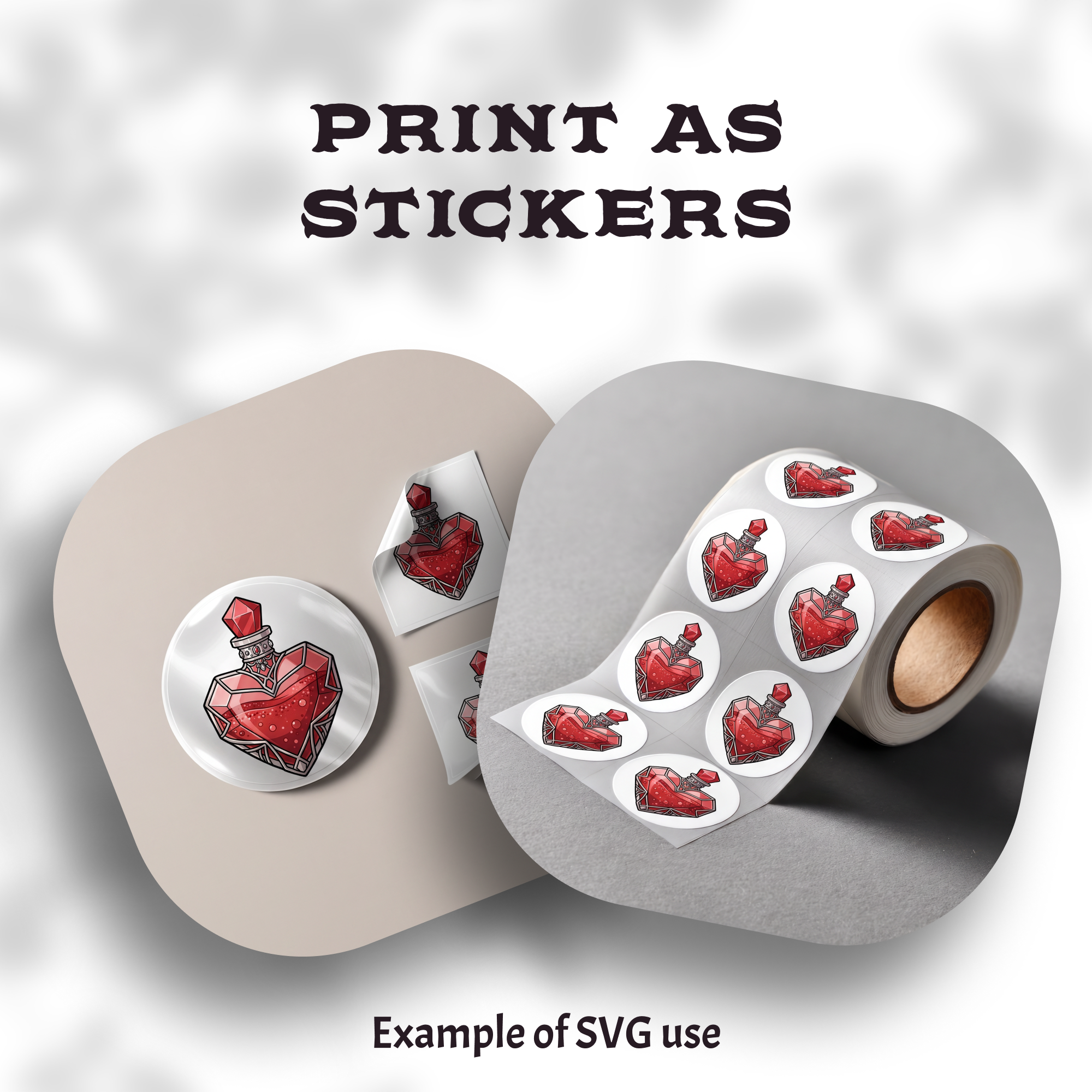 Two rolls of round printed stickers featuring the DnD potion bottle artwork, shown as a physical sticker example