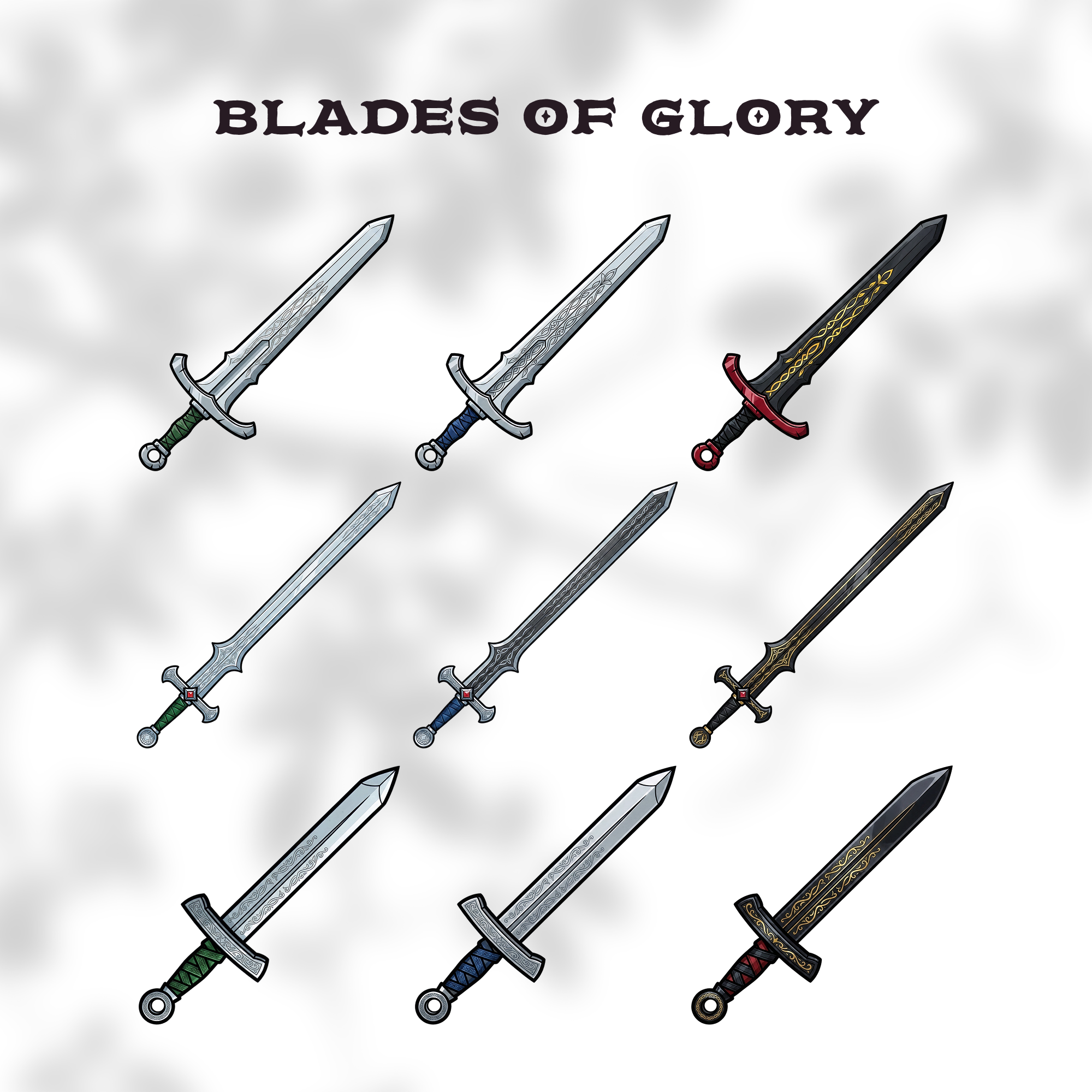 Set of fantasy sword clipart with steel and dark blades.