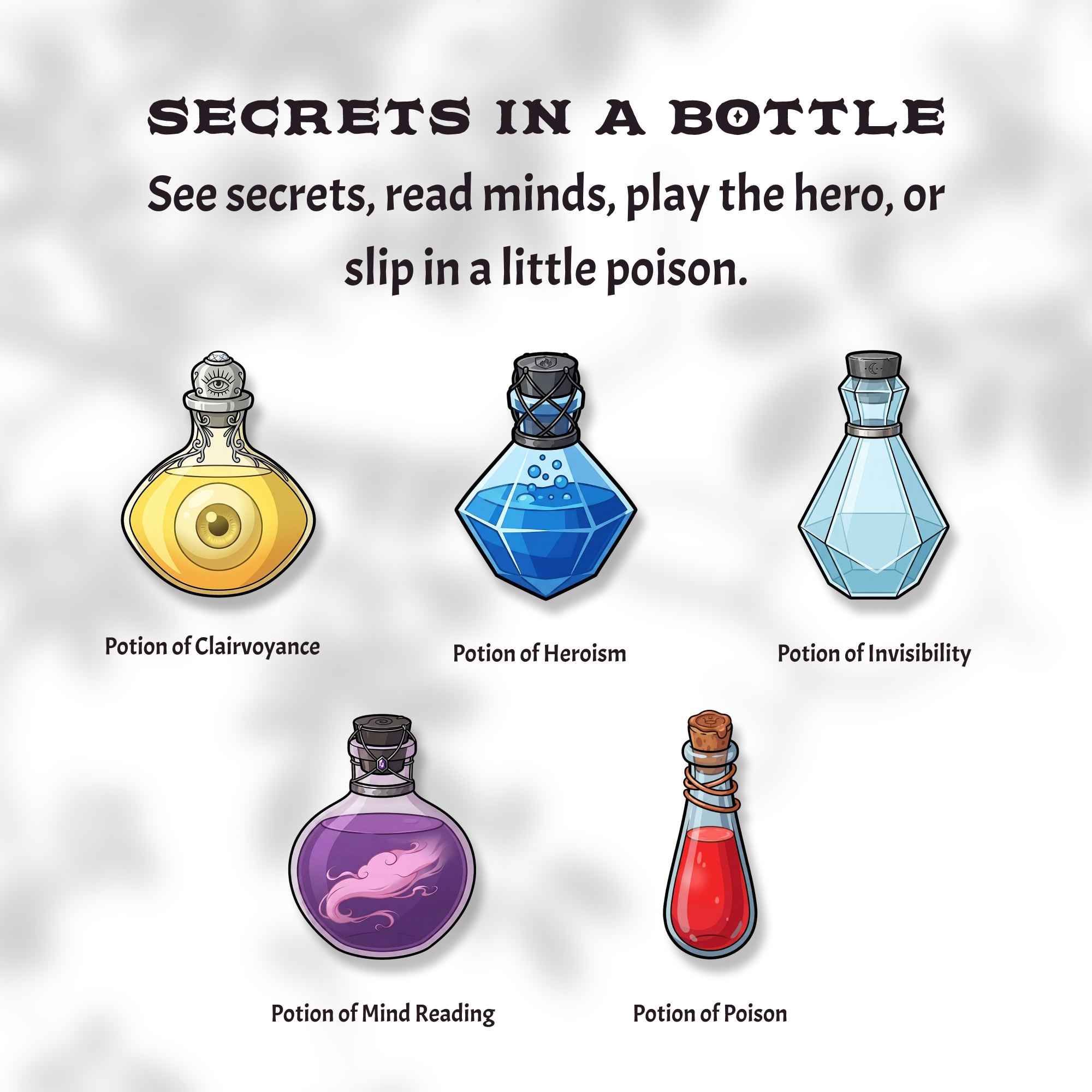 Five DnD potion stickers: Potion of Clairvoyance, Potion of Heroism, Potion of Invisibility, Potion of Mind Reading, Potion of Poison