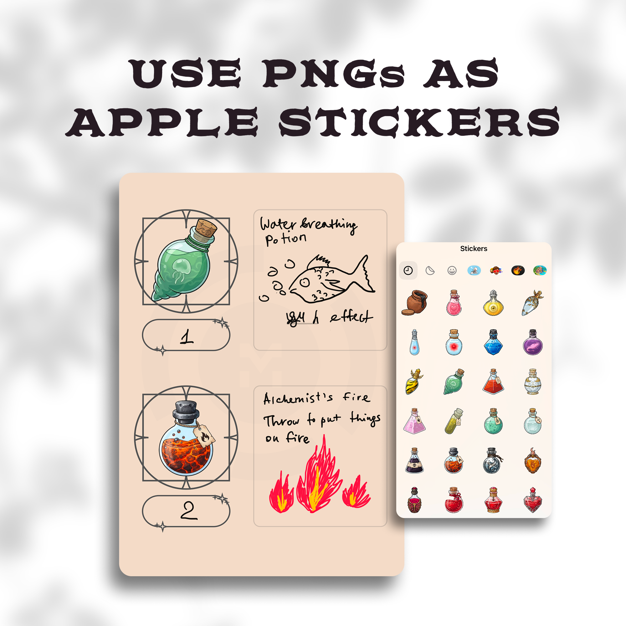 Notebook page mockup with DnD potion PNG stickers used as iMessage-style Apple stickers in a chat bubble