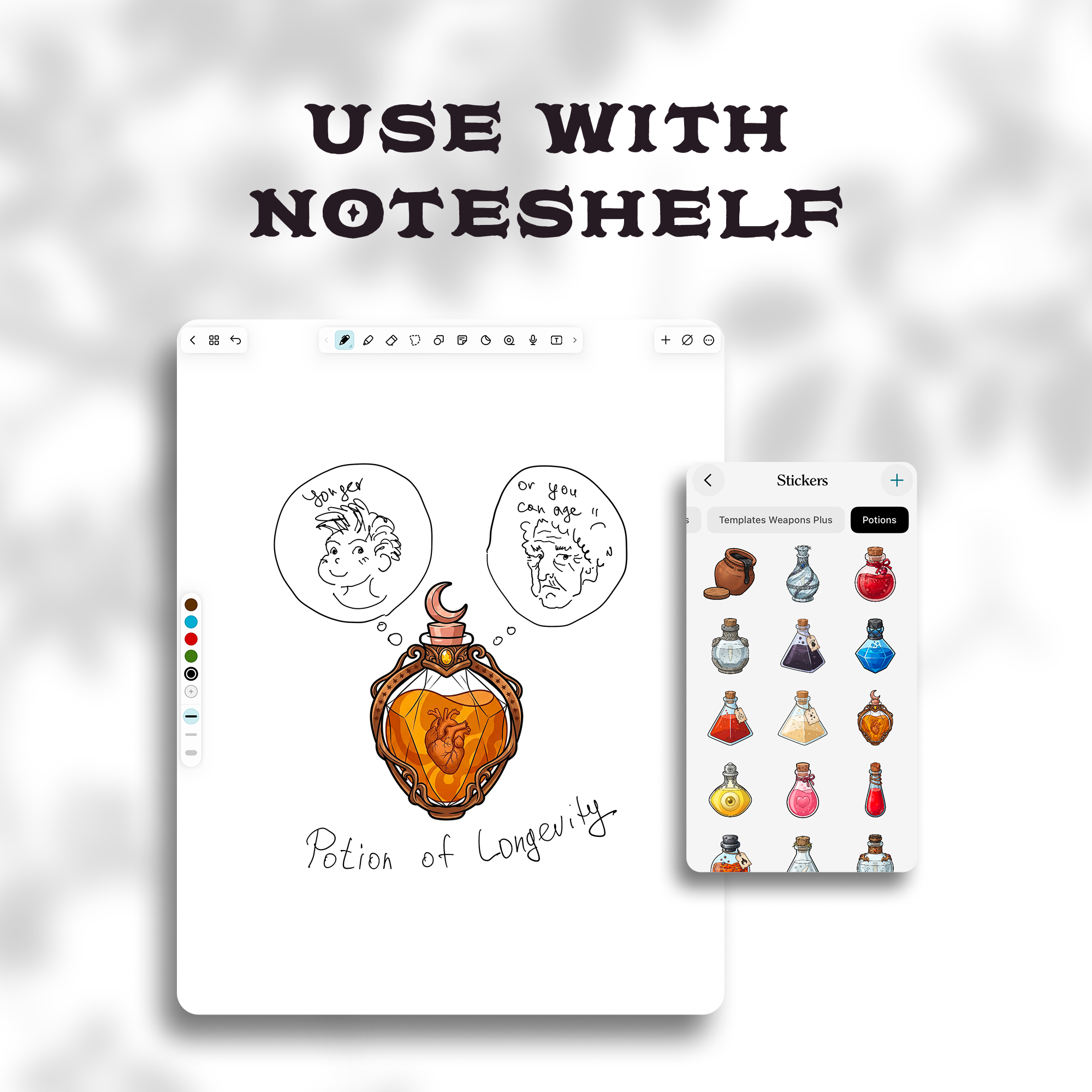 Tablet screen showing a DnD potion sticker added to a note in the Noteshelf app