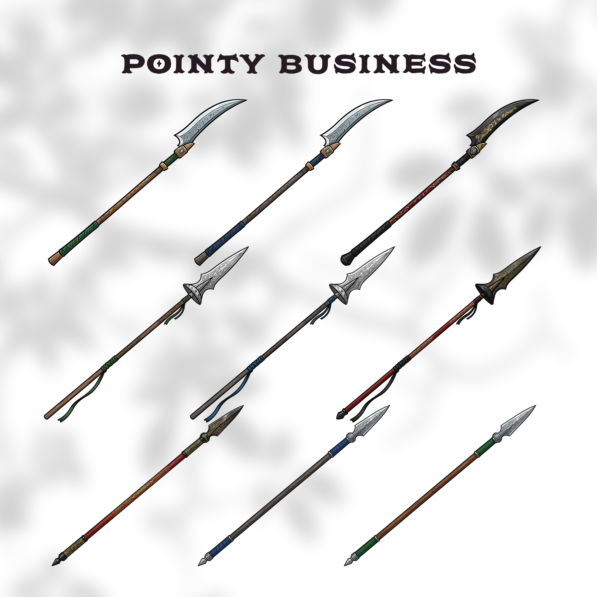 Set of fantasy spears, glaives and other polearm clipart.