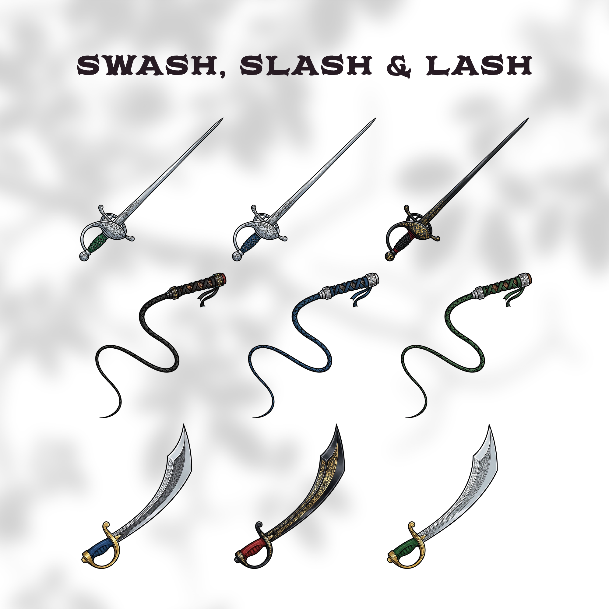 Set of fantasy whips, rapiers and curved sabers clipart.